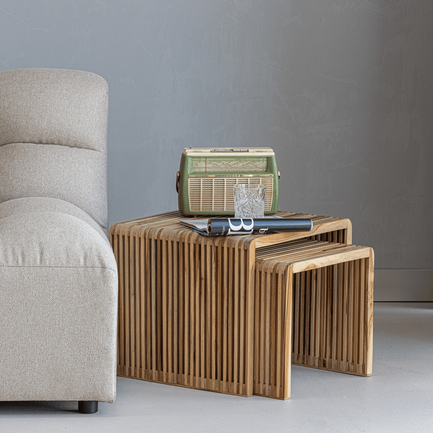 WOOOD Jasmijn bijzettafel recycled teak naturel - set van 2 Bruin Bijzettafel