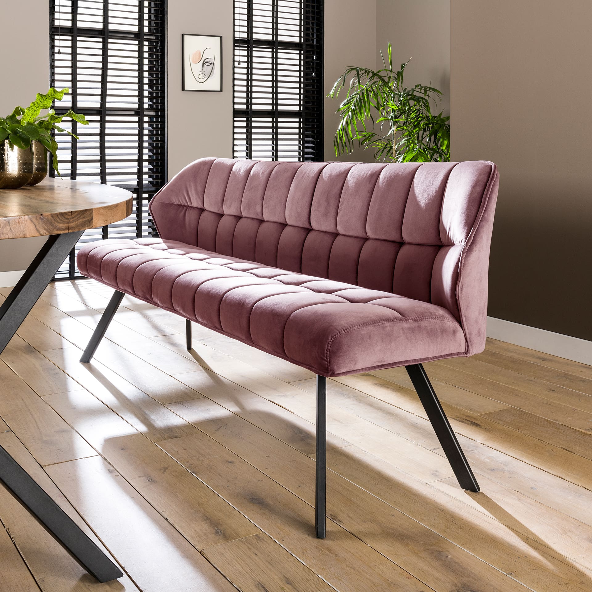 Eetkamerbank Raster 180 - Roze Velours Bullcraft Eetkamerbank 4955/70V