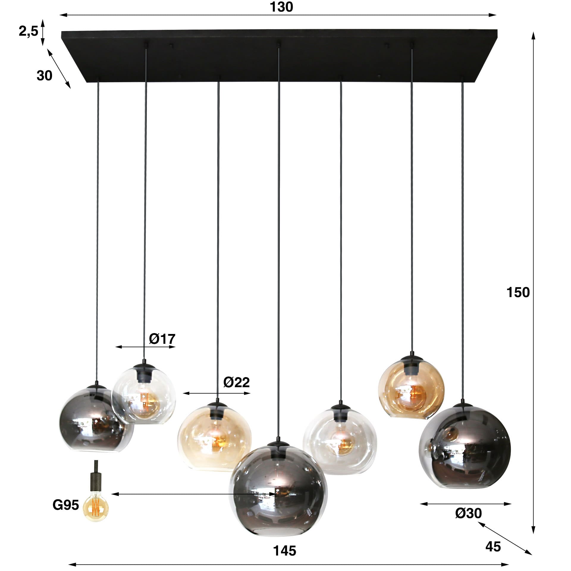 Hanglamp Multi Globe 4+3L - Artic Zwart Bullcraft Hanglamp 7877/77