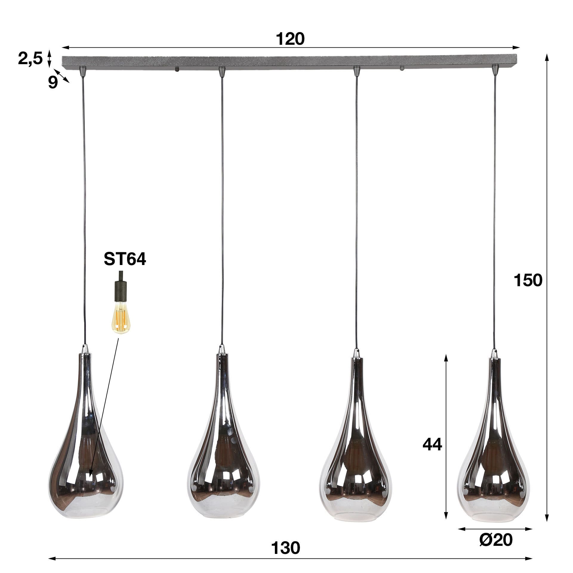 Hanglamp Silver Drop 4L - Chroom Glas Bullcraft Hanglamp 8308/39C