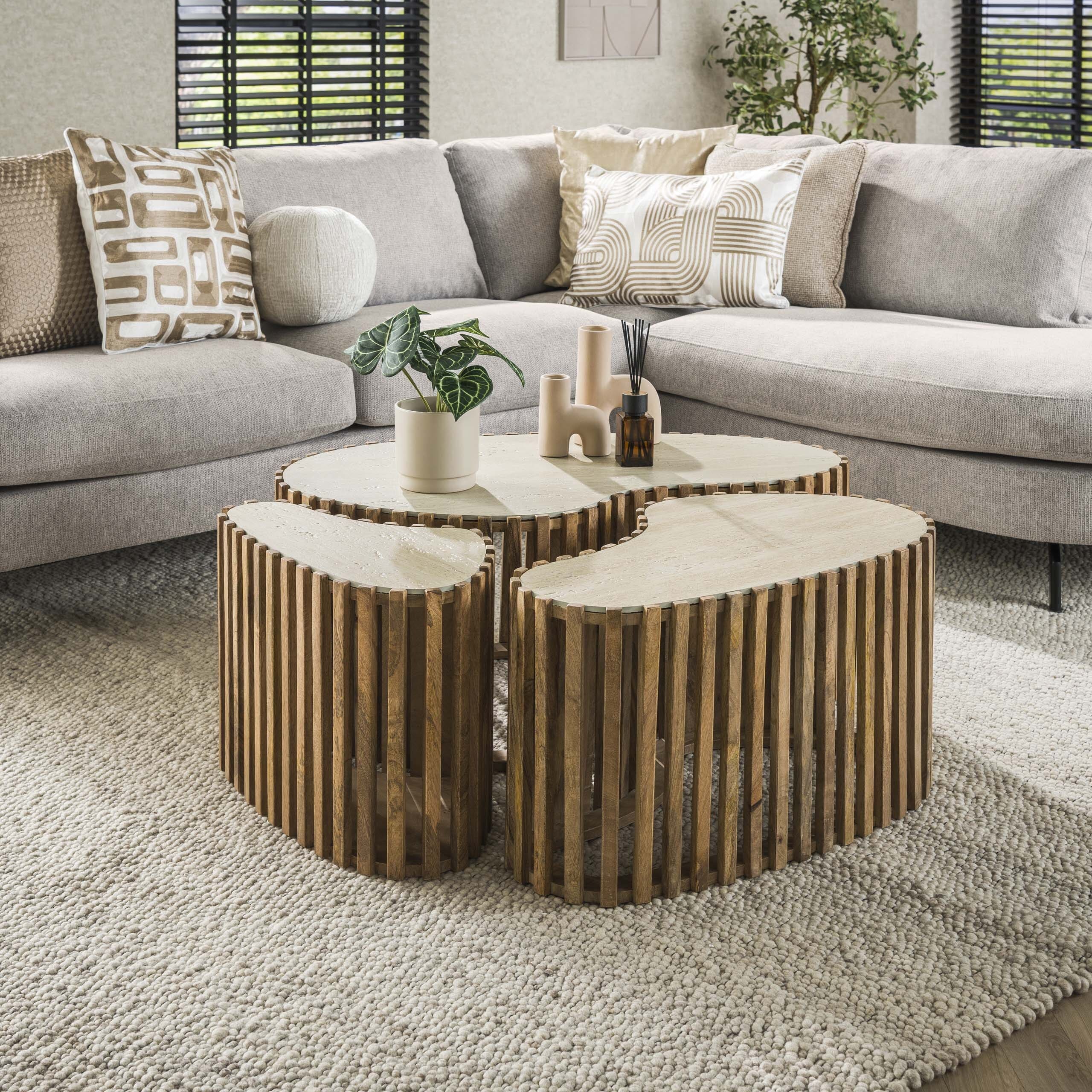 Salontafel Nuovo Niervormig Set Van 3 - Massief Mango Zand Bullcraft Salontafel 2915/16ZA