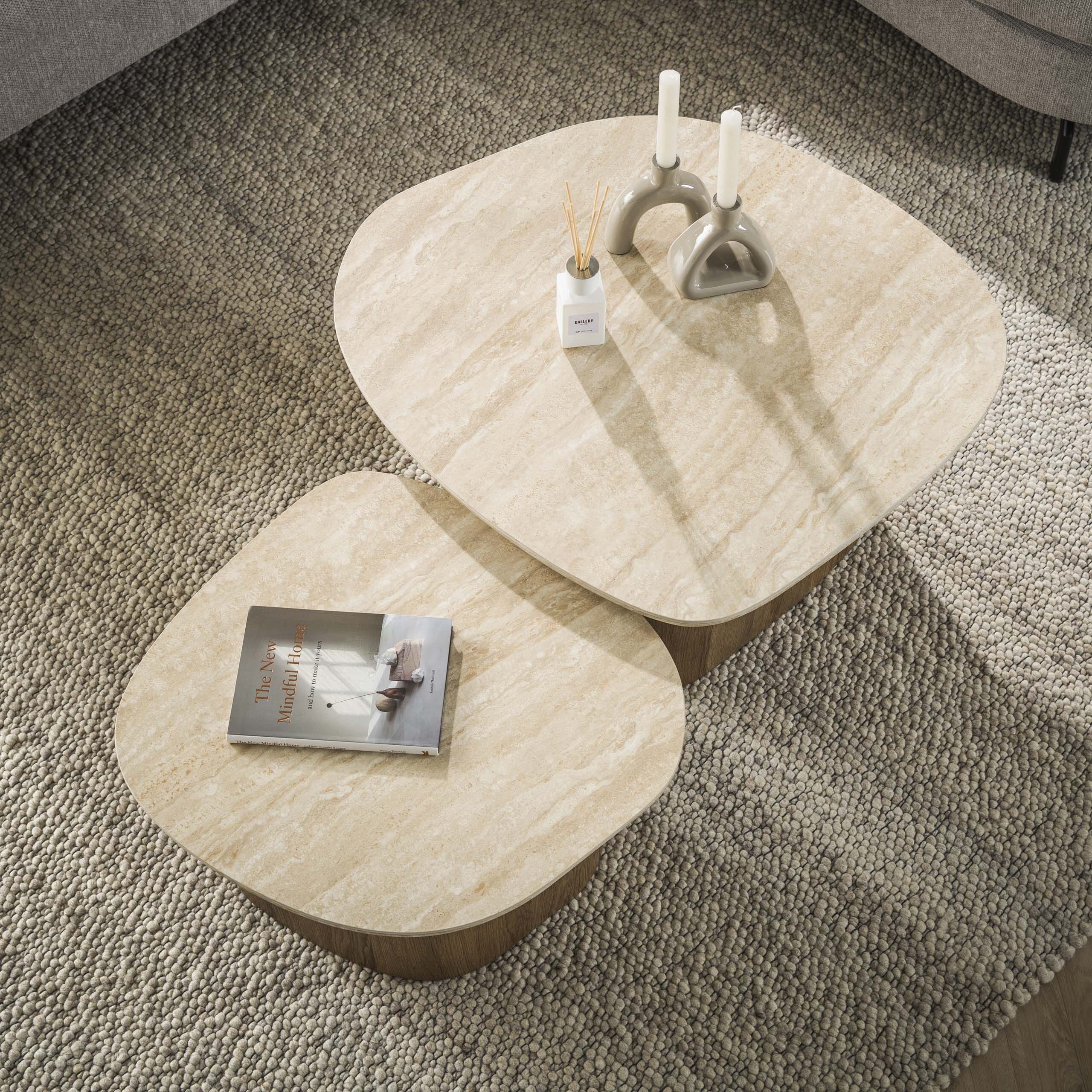 Salontafel Romano Kiezel Set Van 2 - Keramiek Travertin Bullcraft Salontafel 4568/88