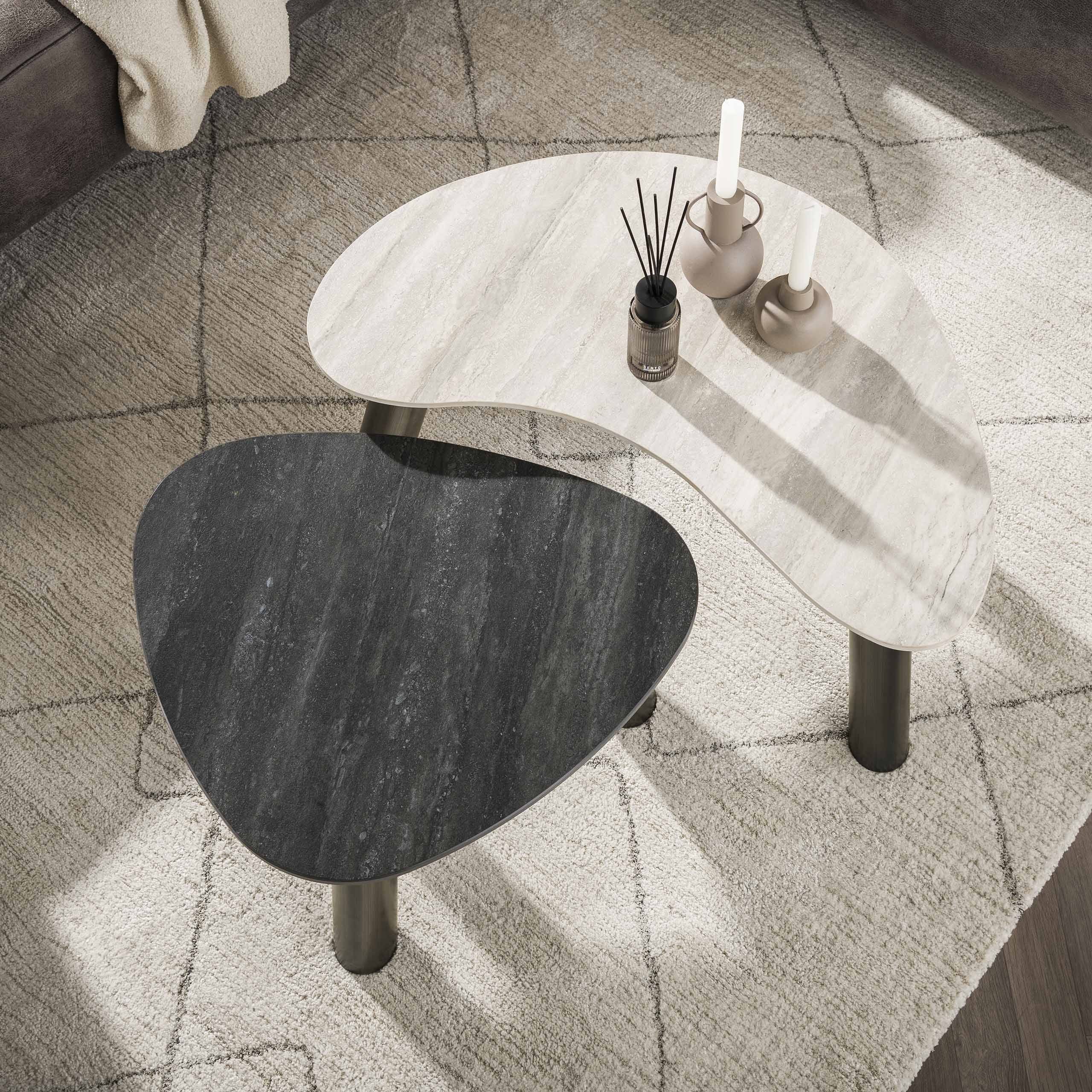 Salontafel Twin Organisch Set Van 2 - 3D Keramiek Travertin Zwart-grijs Bullcraft Salontafel 5712/87D