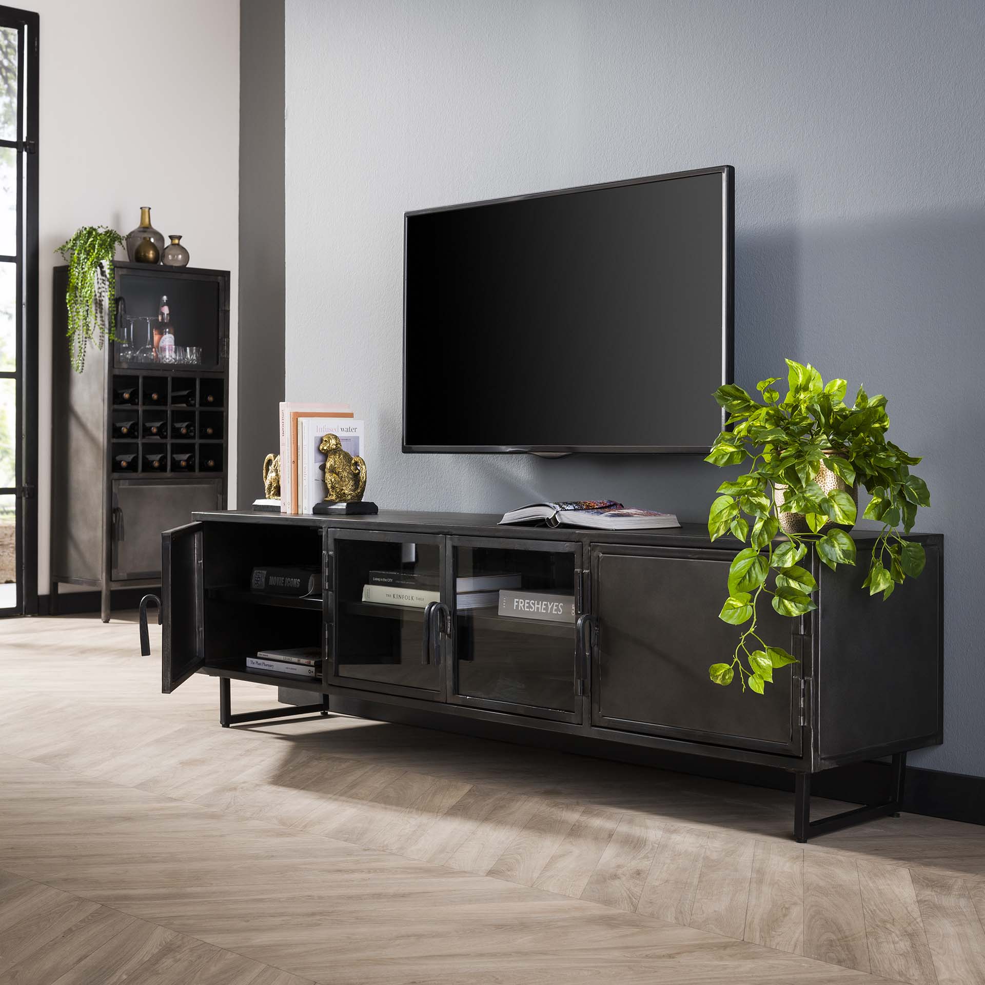 TV-meubel Rift Metal 4D - Gunmetal Bullcraft Tv-meubel|Tv-dressoir 5864/44G