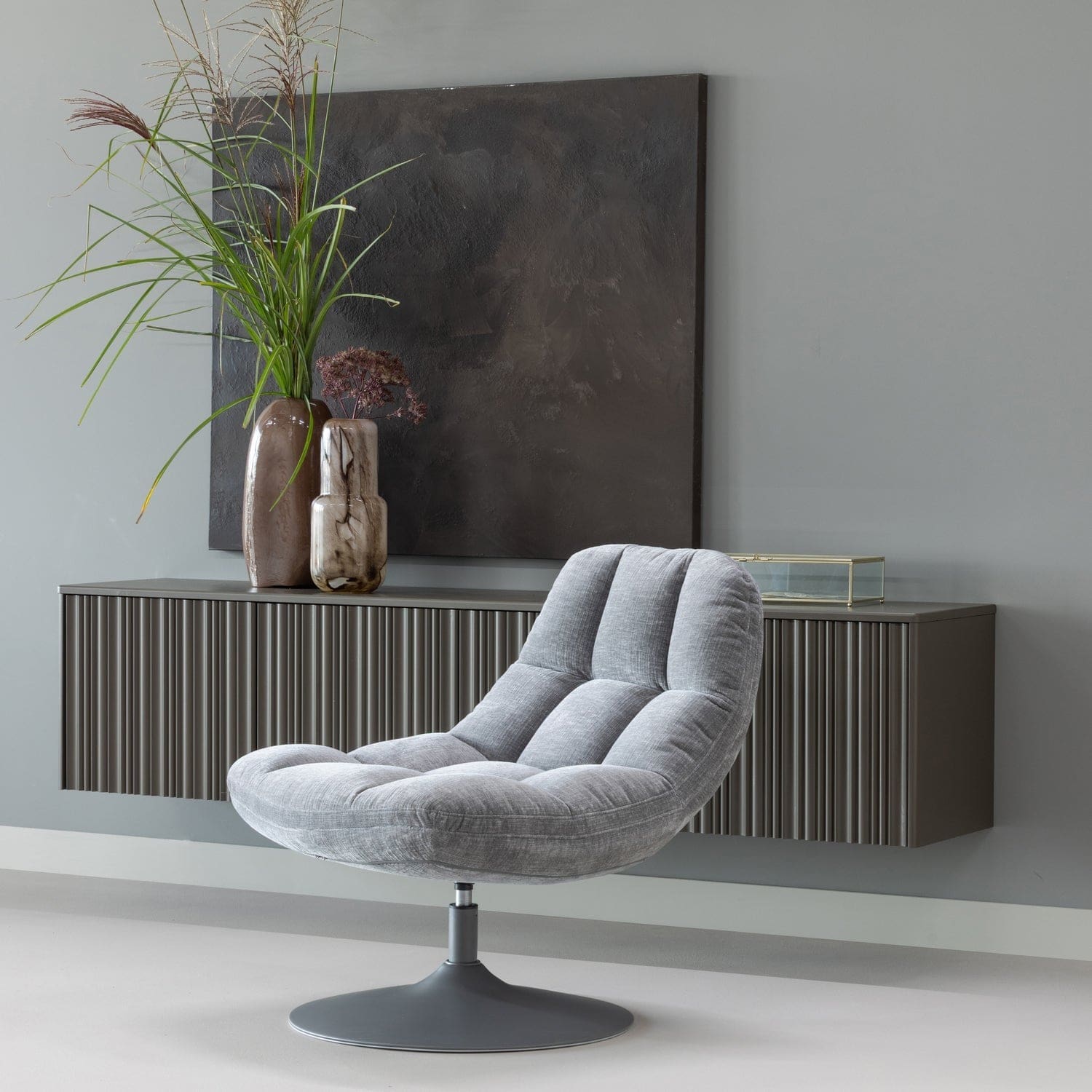 WOOOD Elvi draaifauteuil chenille structuur lichtgrijs Grijs Draaifauteuil