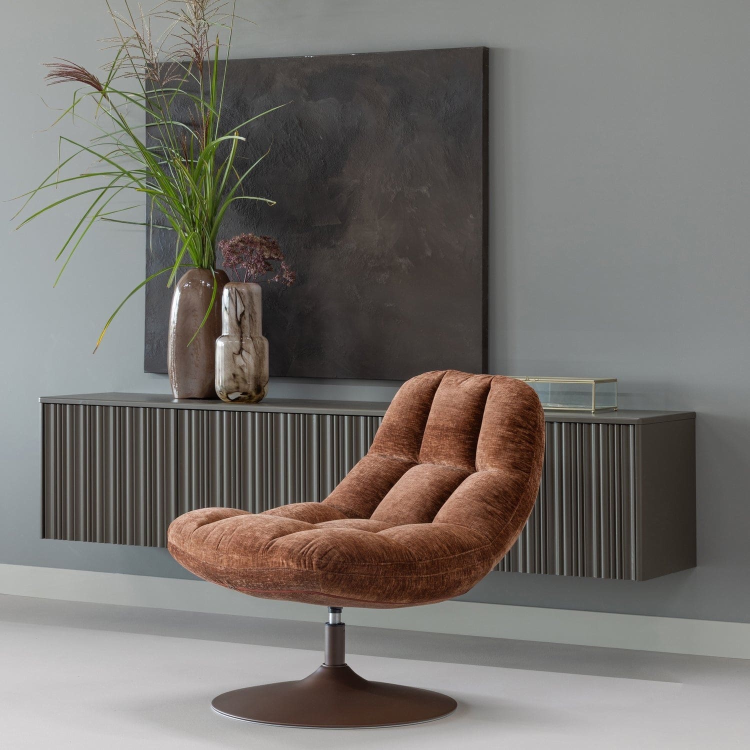WOOOD Elvi draaifauteuil chenille structuur roestbruin Roestbruin Draaifauteuil
