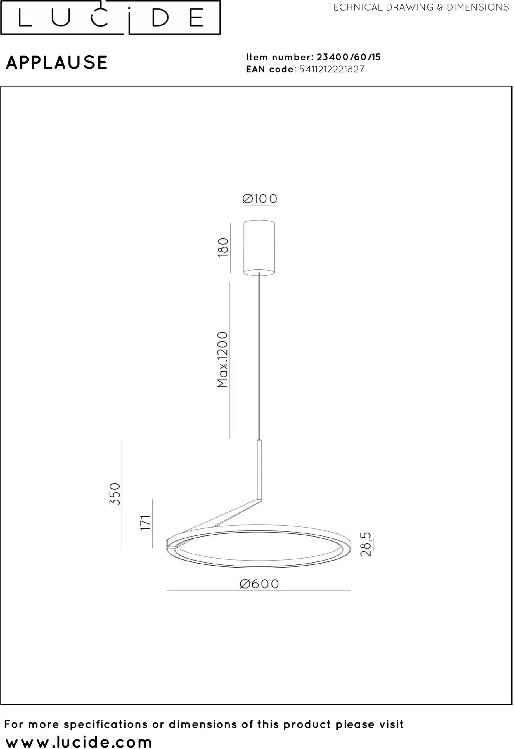 Applause Hanglamp Ø60 cm Led Dimb. Cct 1x32w 2700k/4000k - Grijs Ijzer Lucide Hanglamp 23400/60/15