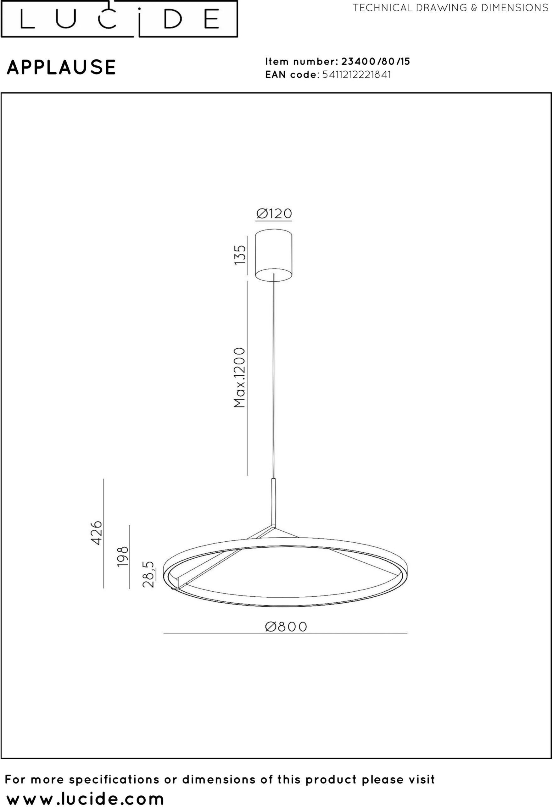 Applause Hanglamp Ø80 cm Led Dimb. Cct 1x50w 2700k/4000k - Grijs Ijzer Lucide Hanglamp 23400/80/15