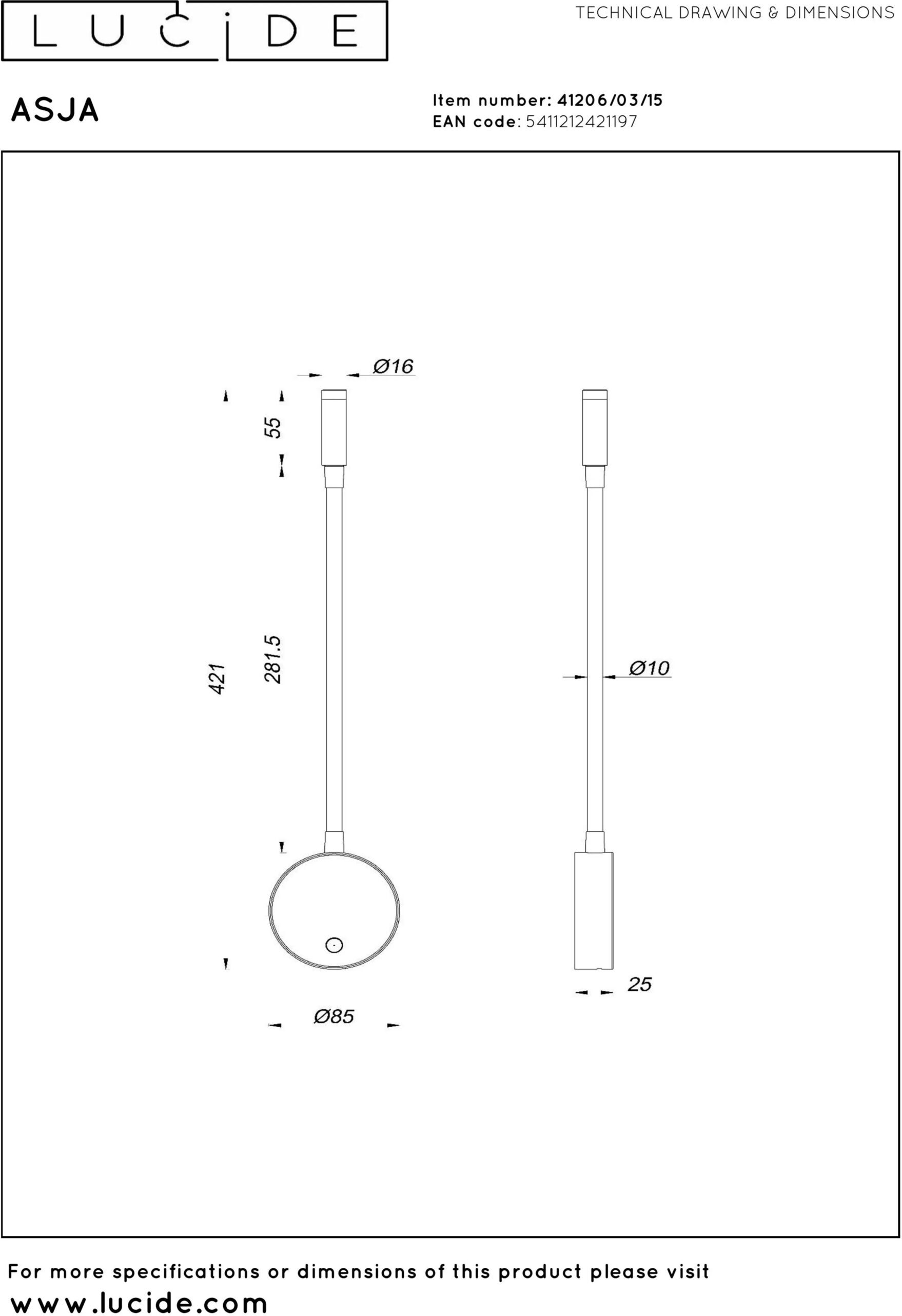Asja Oplaadbare Wandspot / Wandlamp Accu/batterij Led 3 Stepdim - Grijs Ijzer Lucide Wandlamp 41206/03/15