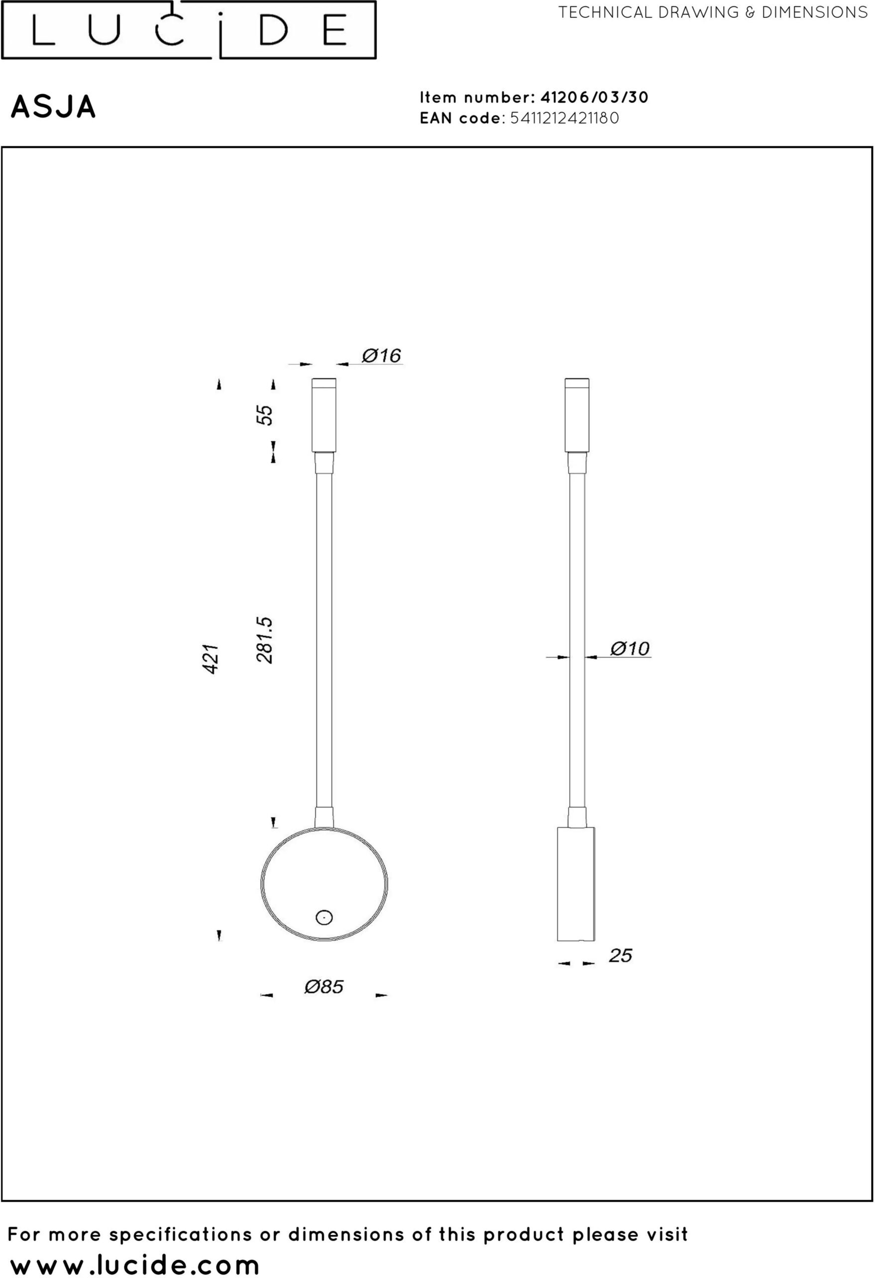 Asja Oplaadbare Wandspot / Wandlamp Accu/batterij Led 3 Stepdim - Zwart Lucide Wandlamp 41206/03/30