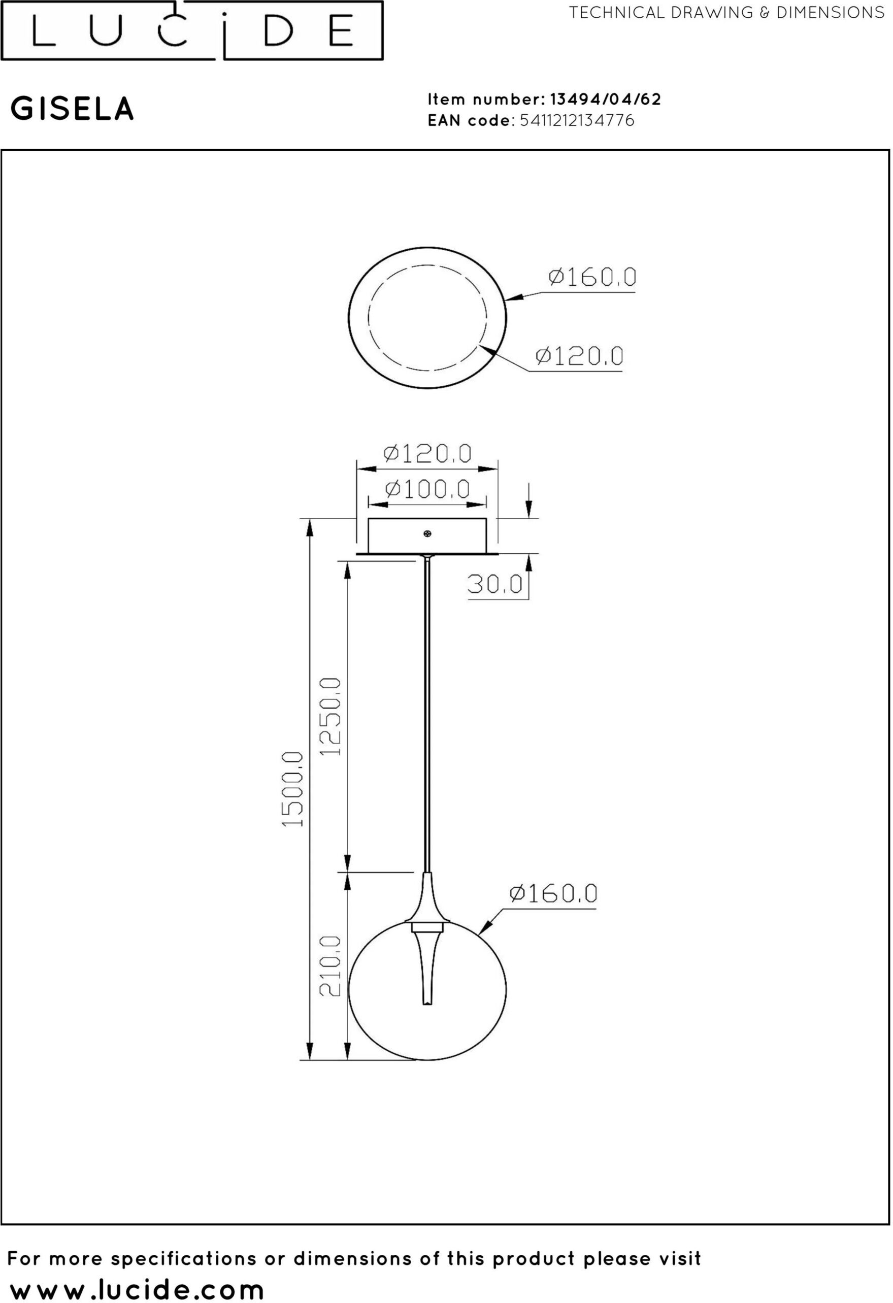 Gisela Hanglamp Ø16 cm Led Dimb. - Amber Lucide Hanglamp 13494/04/62