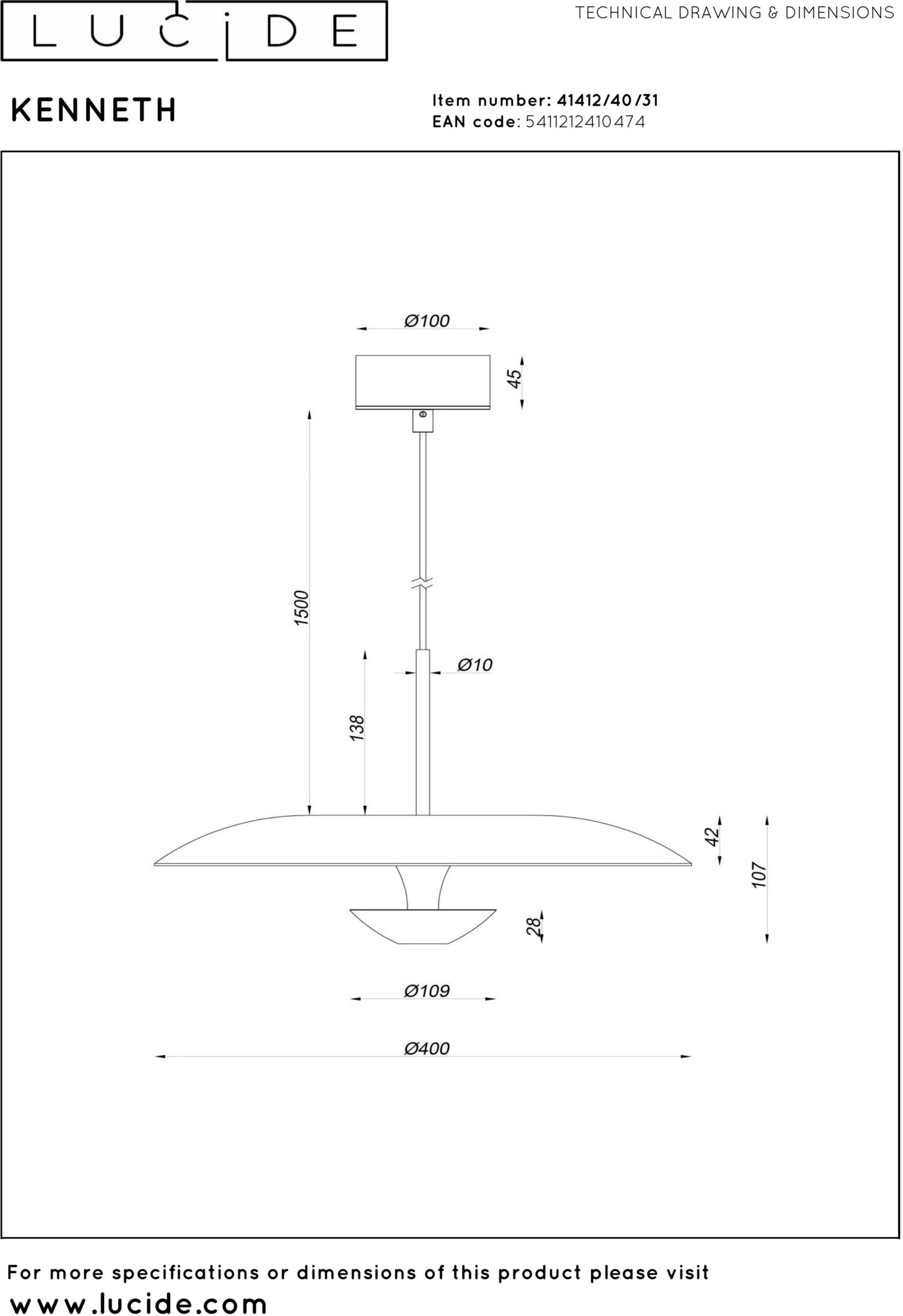 Kenneth Hanglamp Ø40 cm Led Dimb. - Wit Lucide Hanglamp 41412/40/31