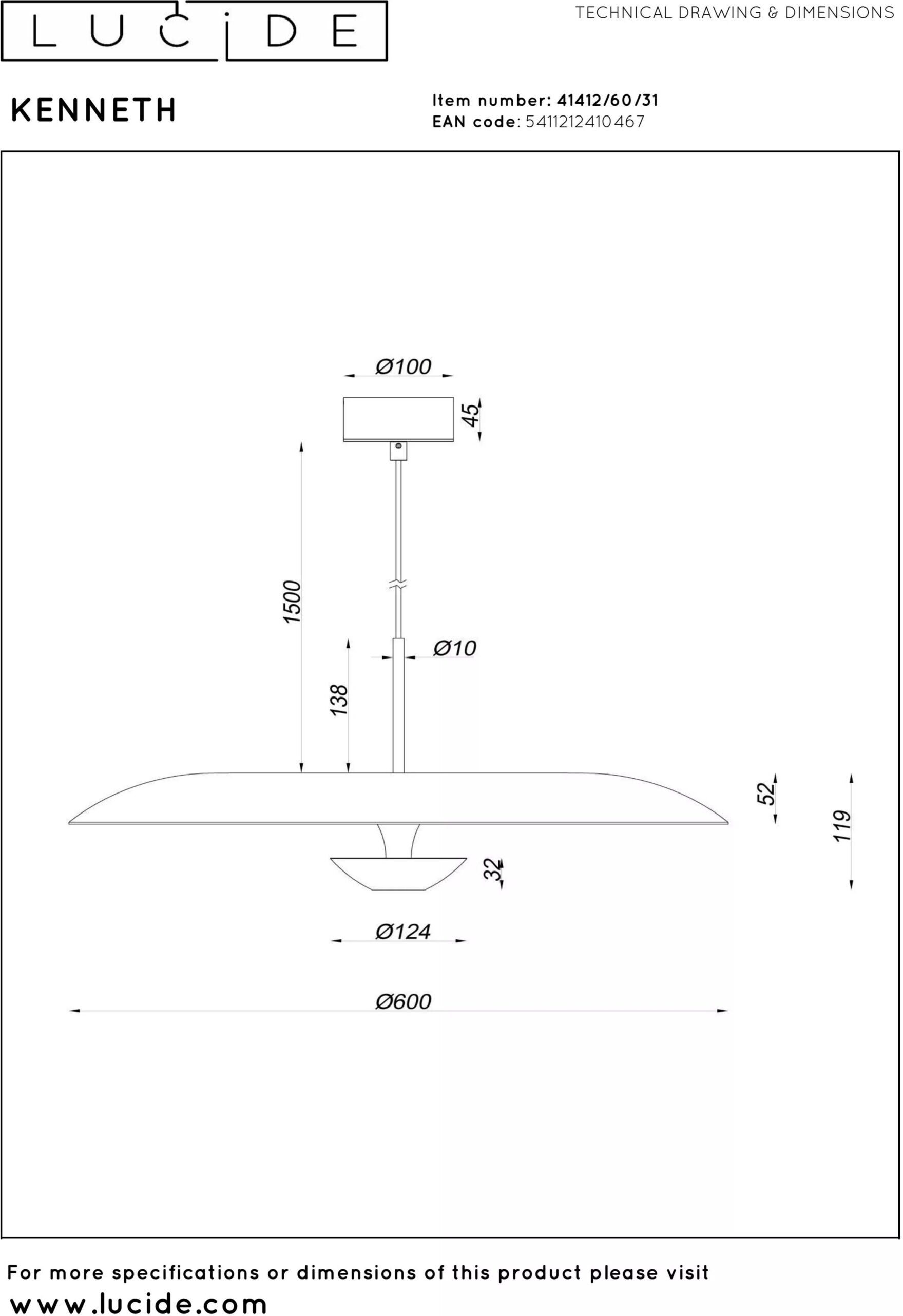 Kenneth Hanglamp Ø60 cm Led Dimb. - Wit Lucide Hanglamp 41412/60/31