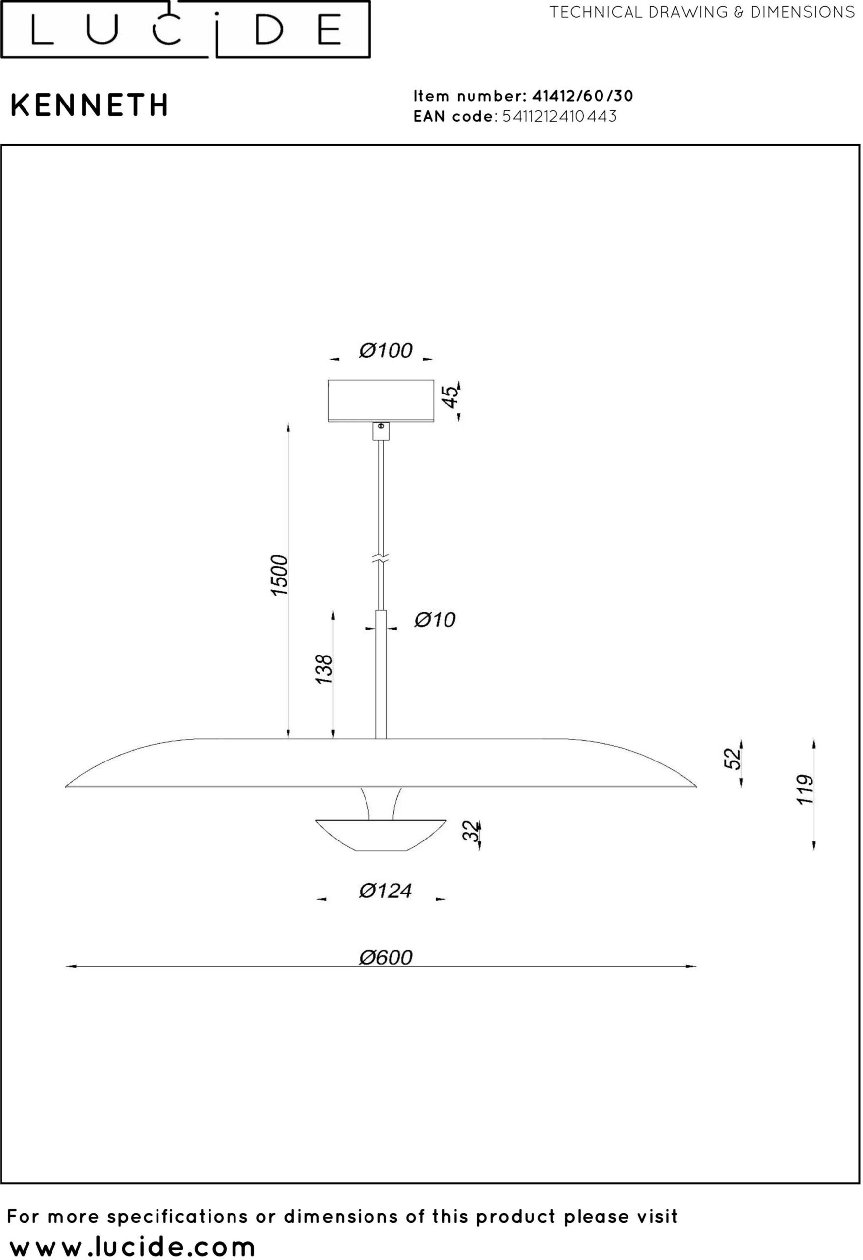 Kenneth Hanglamp Ø60 cm Led Dimb. - Zwart Lucide Hanglamp 41412/60/30