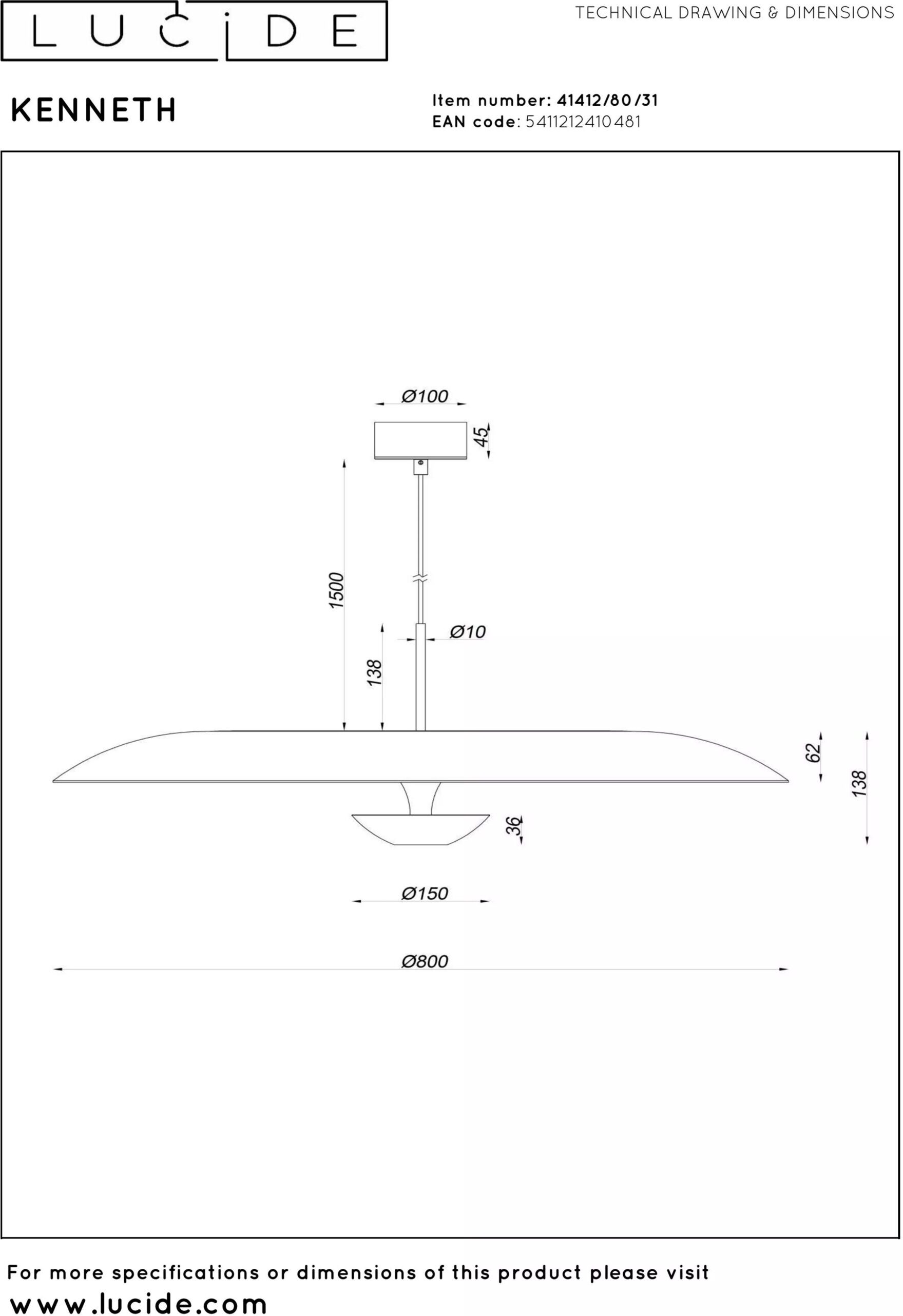 Kenneth Hanglamp Ø80 cm Led Dimb. - Wit Lucide Hanglamp 41412/80/31