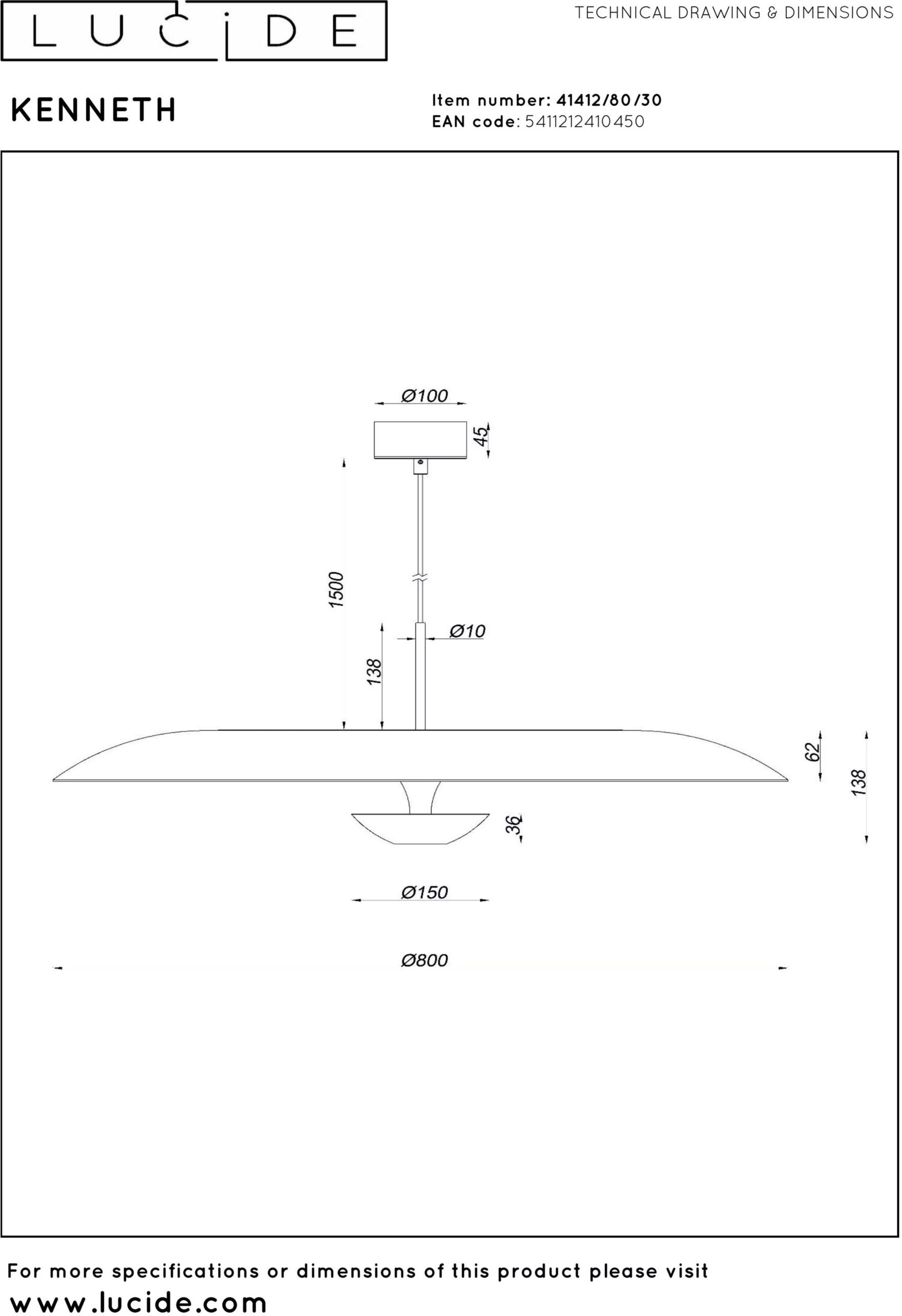 Kenneth Hanglamp Ø80 cm Led Dimb. - Zwart Lucide Hanglamp 41412/80/30