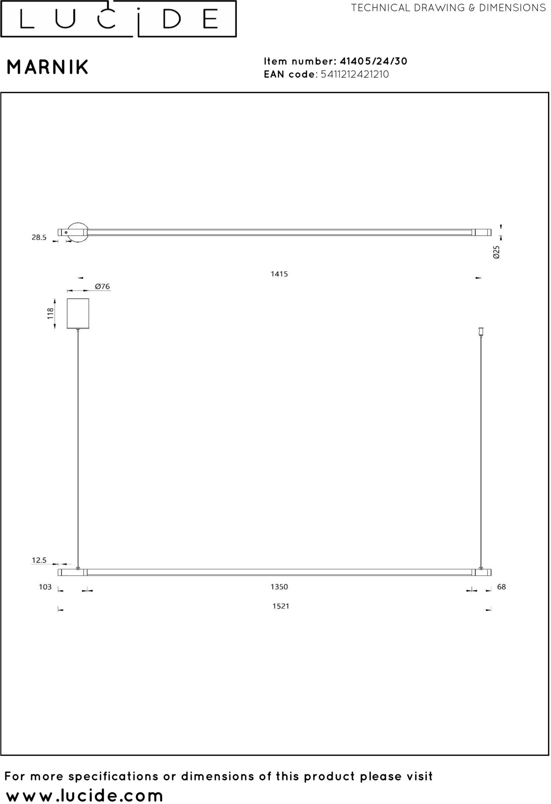 Marnik Hanglamp Ø2,5 cm Led Dimb. Cct 1x22w 2700k/4000k - Zwart Lucide Hanglamp 41405/24/30