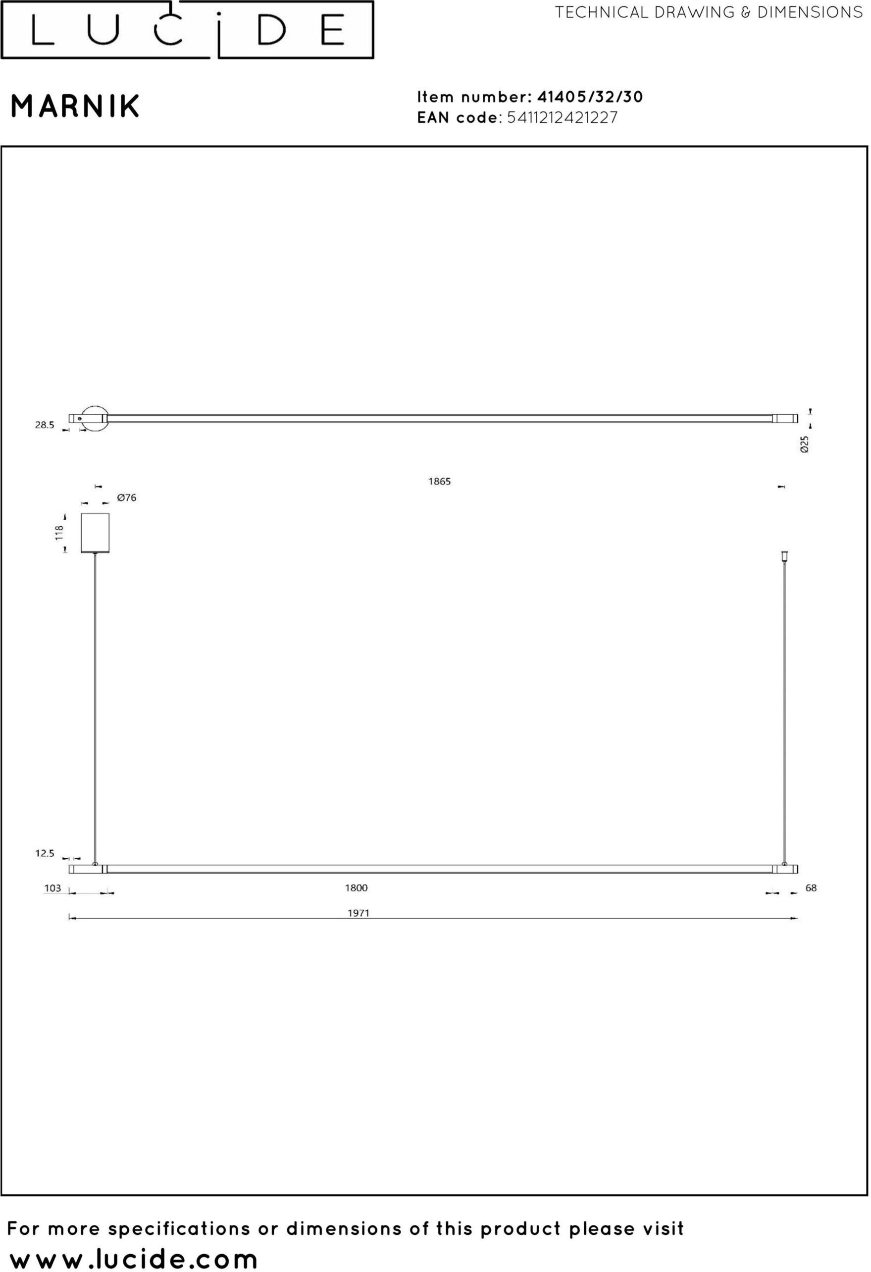 Marnik Hanglamp Ø2,5 cm Led Dimb. Cct 1x24w 2700k/4000k - Zwart Lucide Hanglamp 41405/32/30