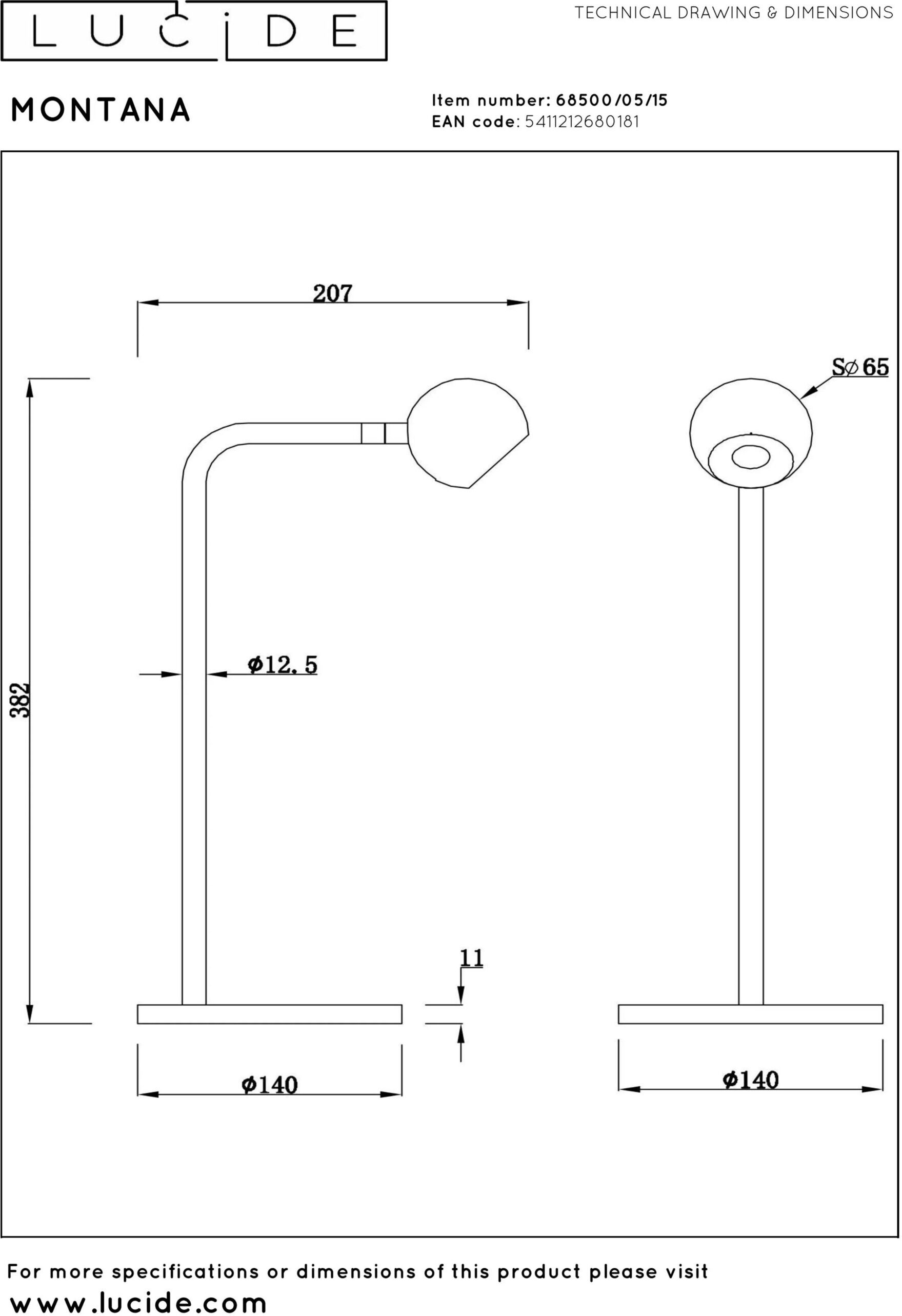 Montana Tafellamp Led Dimb. - Grijs Ijzer Lucide Tafellamp 68500/05/15