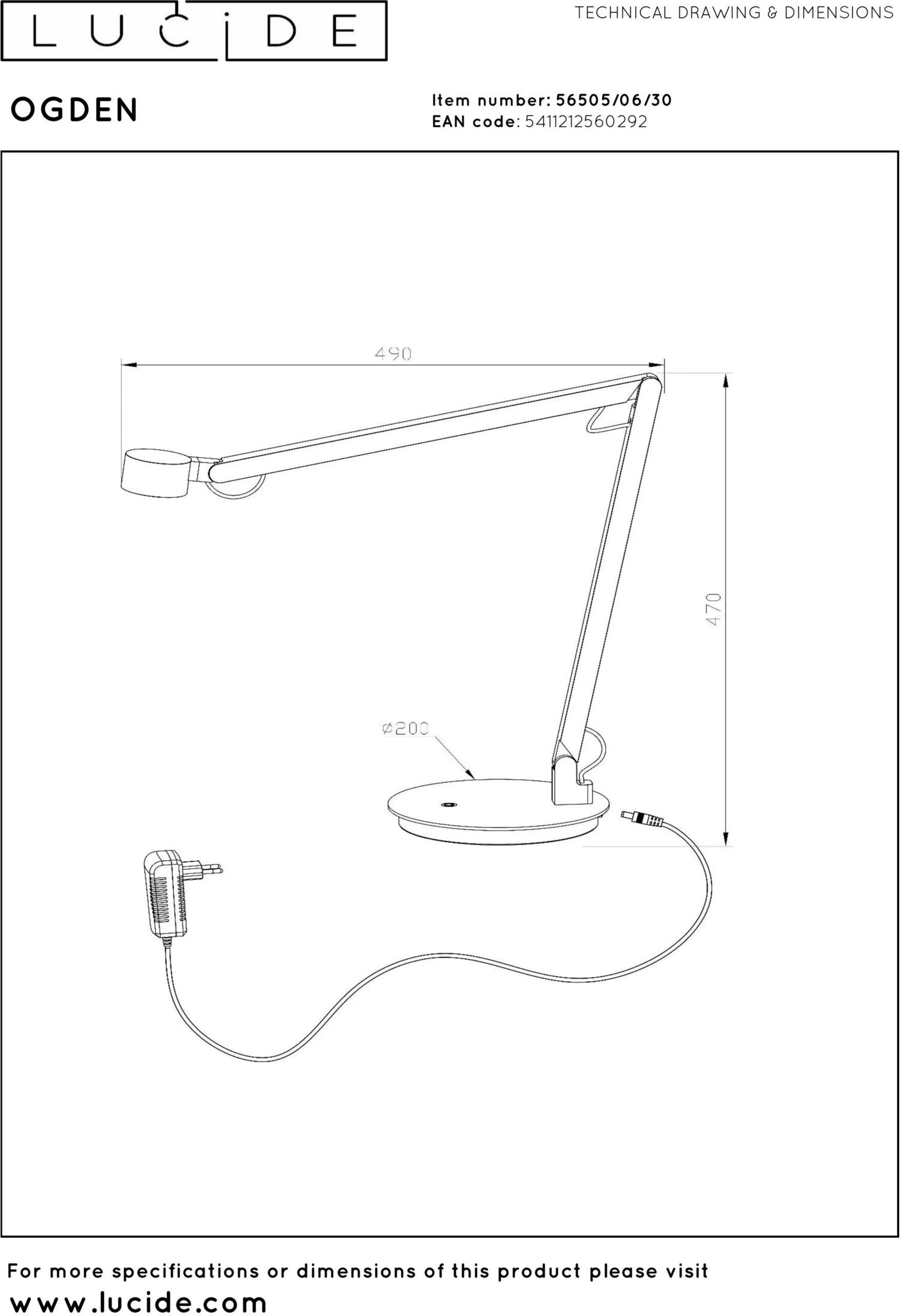 Ogden Bureaulamp Led 3 Stepdim - Zwart Lucide Bureaulamp 56505/06/30