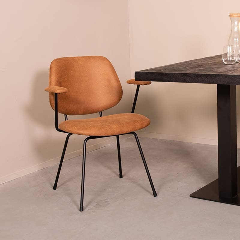 LABEL51 Eetkamerstoel Rivano - Cognac - Micro Suede - Zwart Metalen Frame Cognac Eetkamerstoel