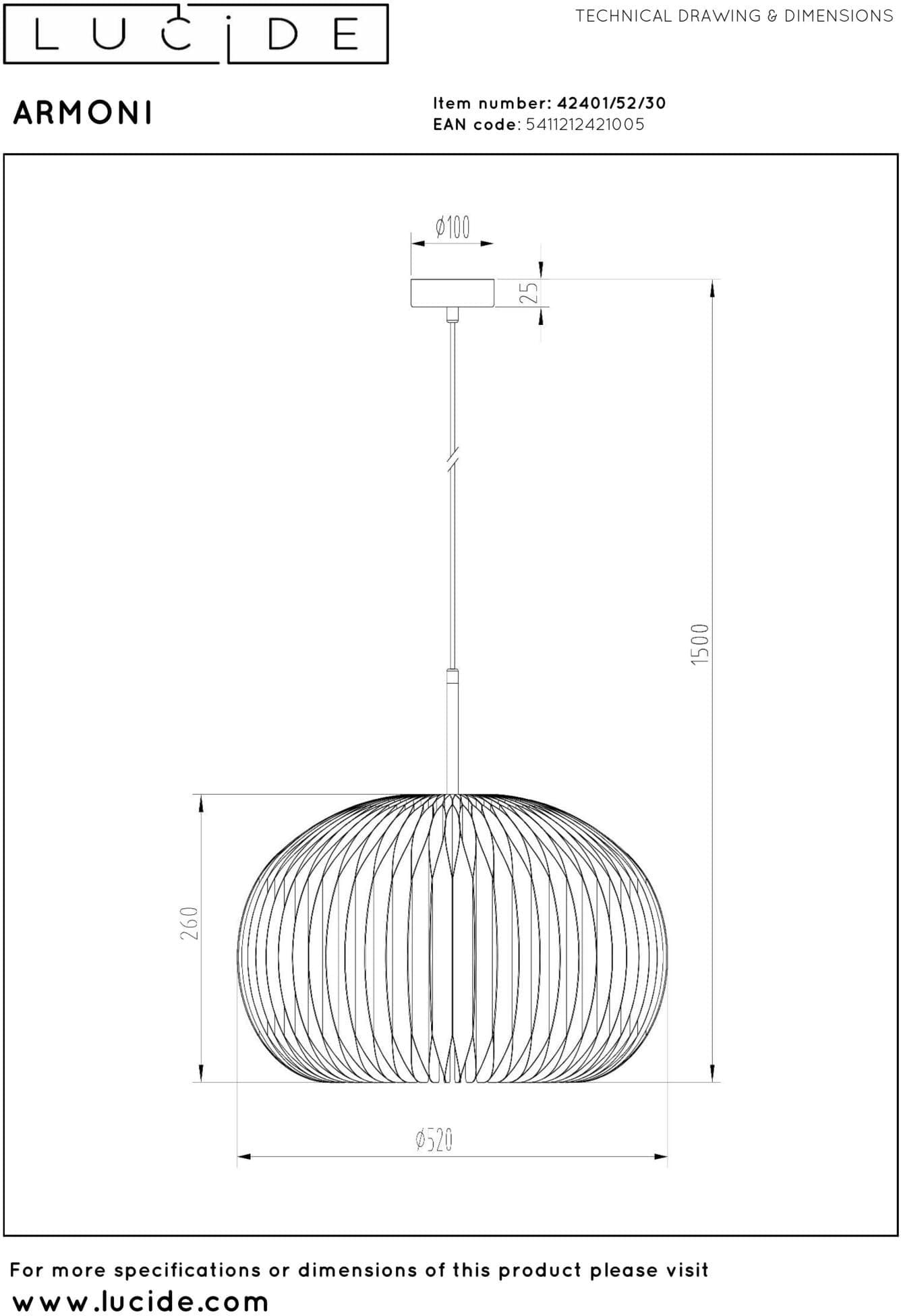 Armoni Hanglamp Ø52 cm - Zwart Lucide Hanglamp 42401/52/30