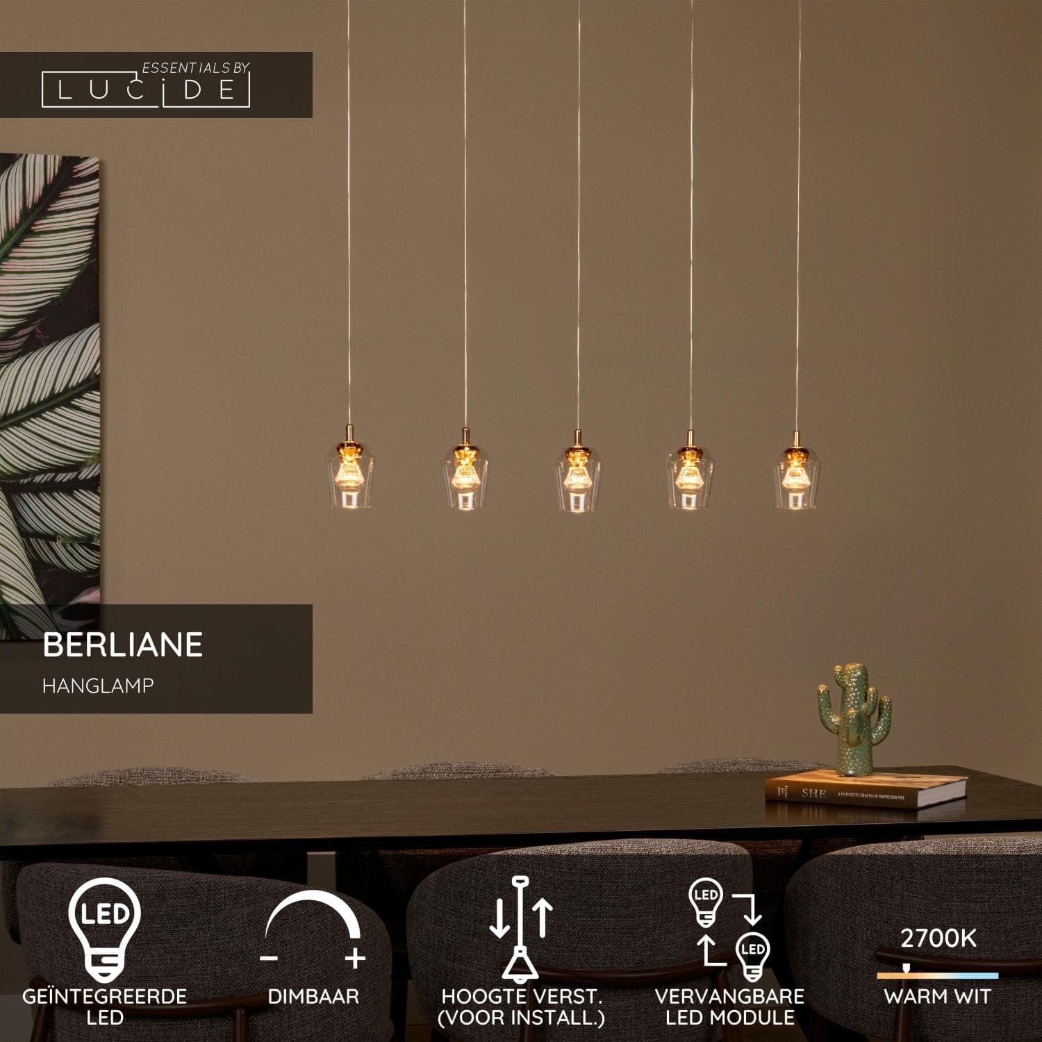Berliane Hanglamp Led Dimb. 5x4w 2700k - Transparant | Essential Lucide Hanglamp 00430/20/60