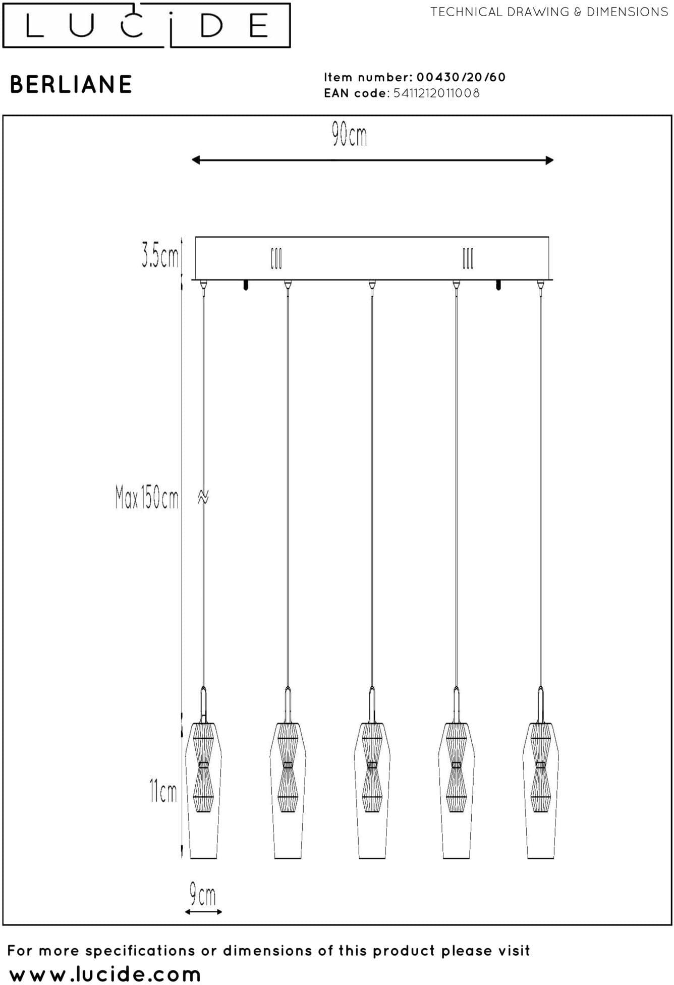 Berliane Hanglamp Led Dimb. 5x4w 2700k - Transparant | Essential Lucide Hanglamp 00430/20/60
