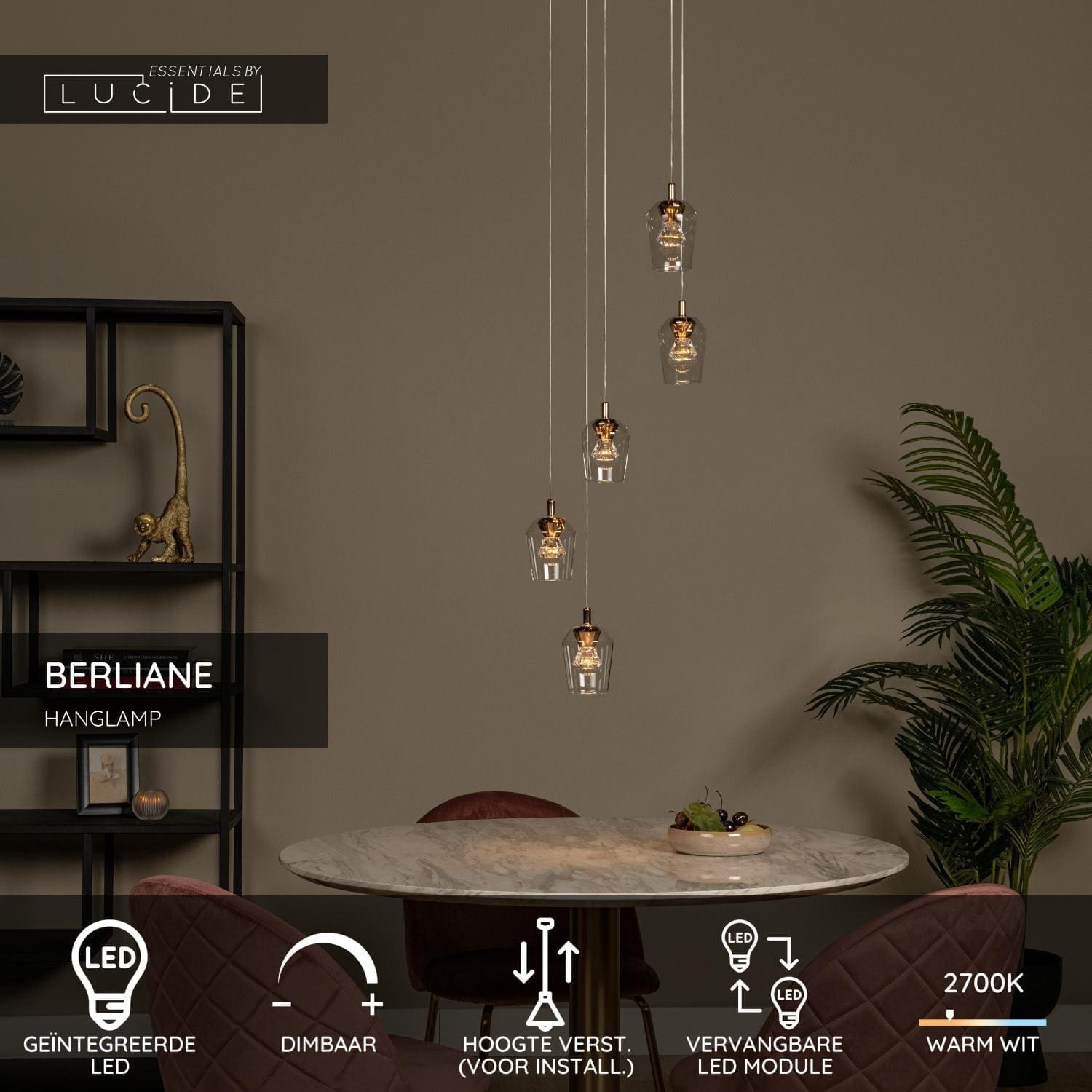 Berliane Hanglamp Ø34 cm Led Dimb. 5x4w 2700k - Transparant | Essential Lucide Hanglamp 00430/21/60