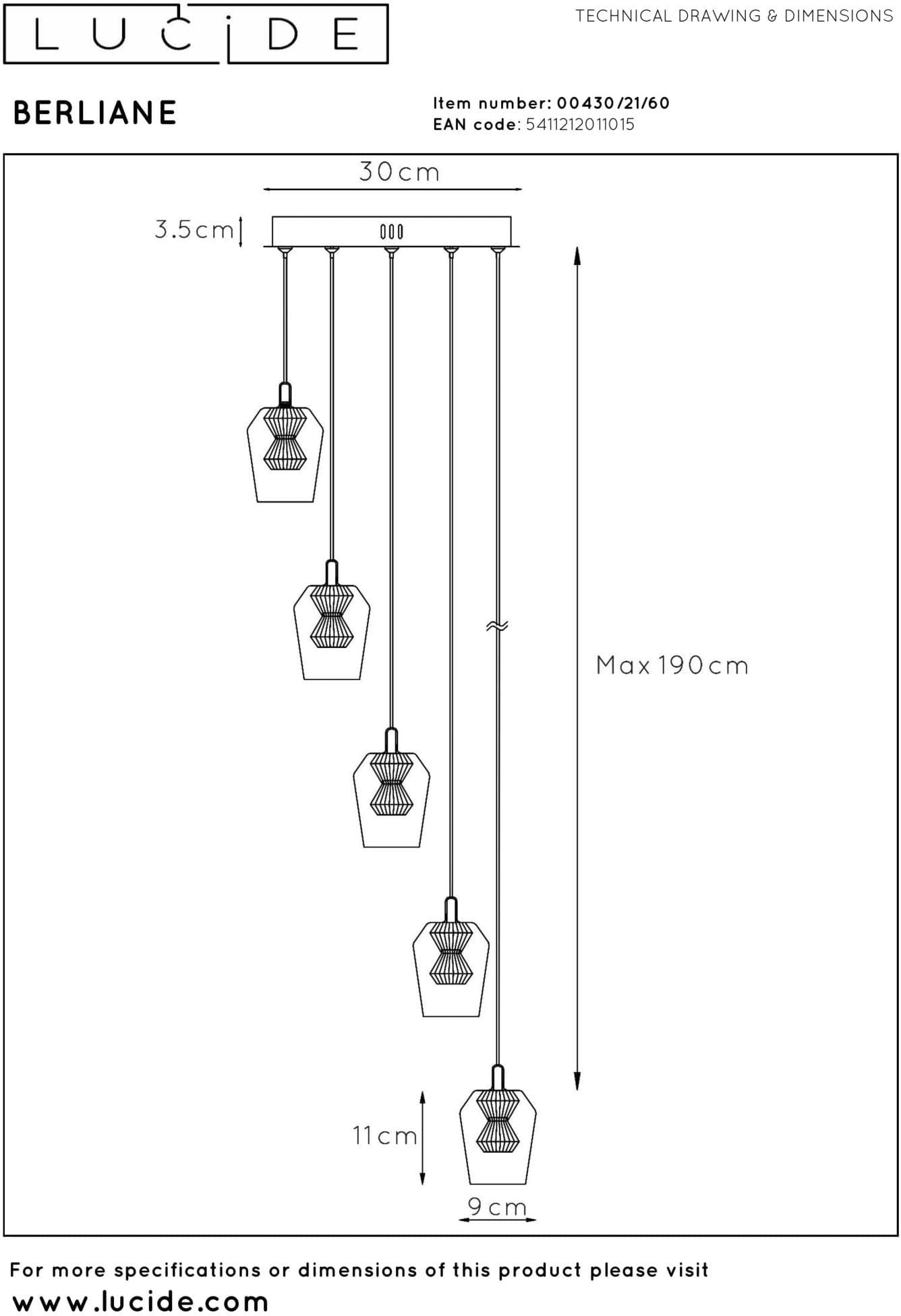 Berliane Hanglamp Ø34 cm Led Dimb. 5x4w 2700k - Transparant | Essential Lucide Hanglamp 00430/21/60