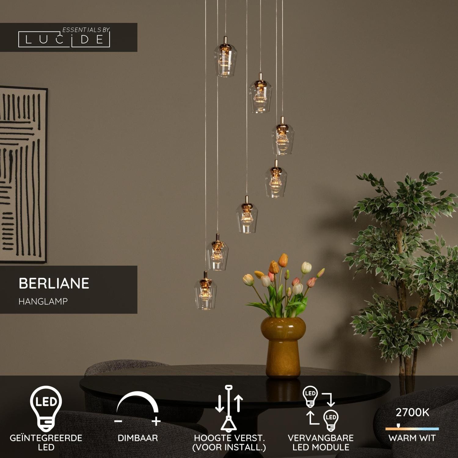Berliane Hanglamp Ø39 cm Led Dimb. 7x4w 2700k - Transparant | Essential Lucide Hanglamp 00430/28/60