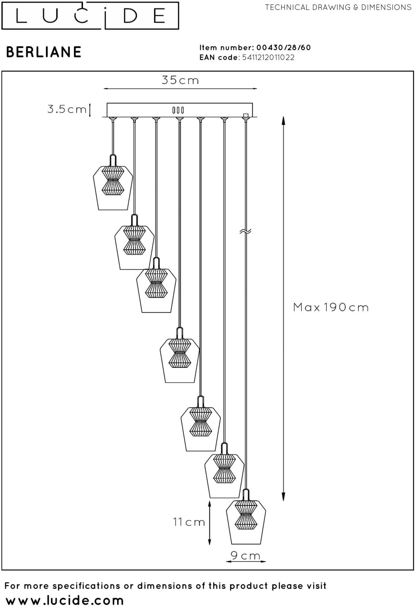 Berliane Hanglamp Ø39 cm Led Dimb. 7x4w 2700k - Transparant | Essential Lucide Hanglamp 00430/28/60