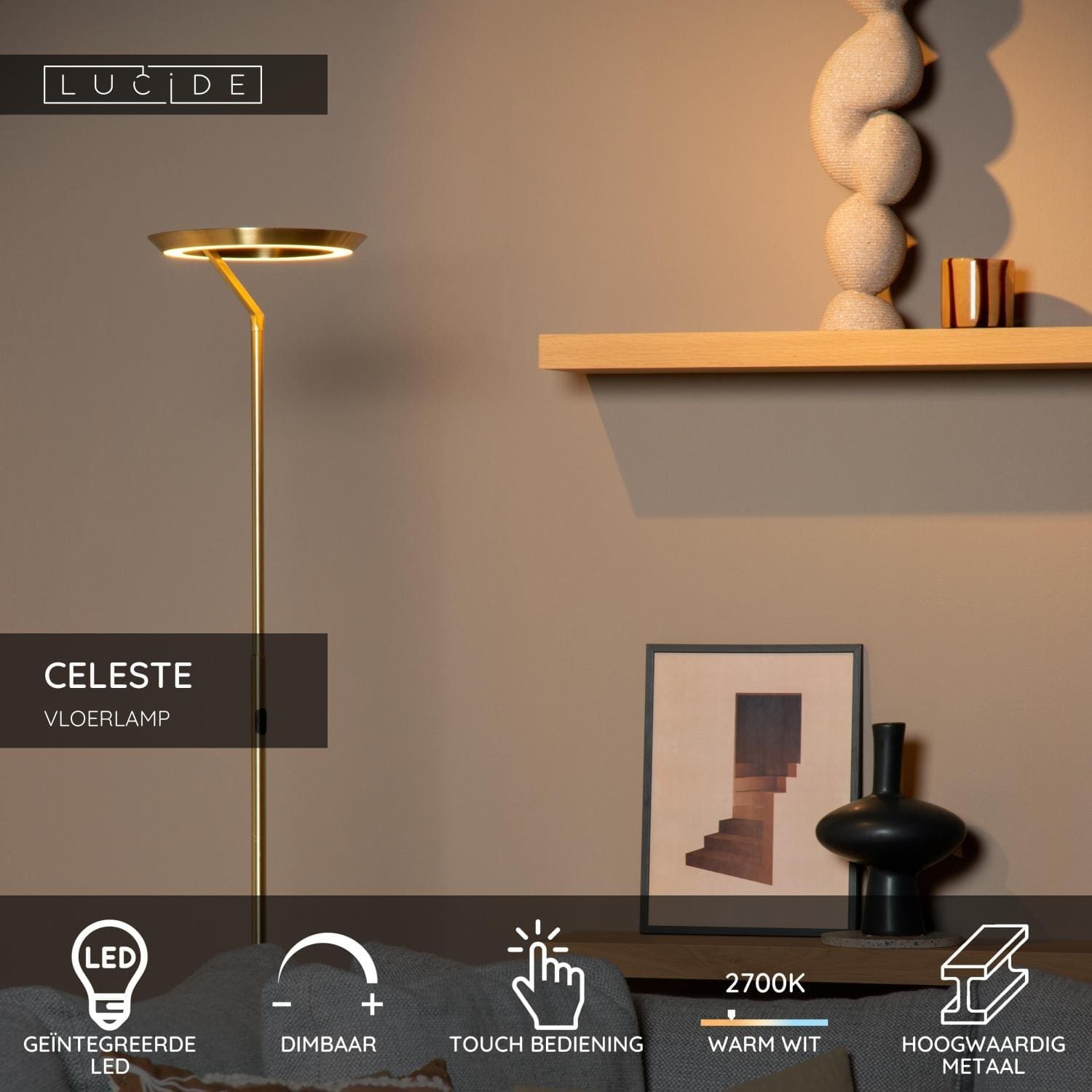 Celeste Vloerlamp Ø28 cm Led Dimb. - Mat Goud / Messing Lucide Vloerlamp 03745/24/02