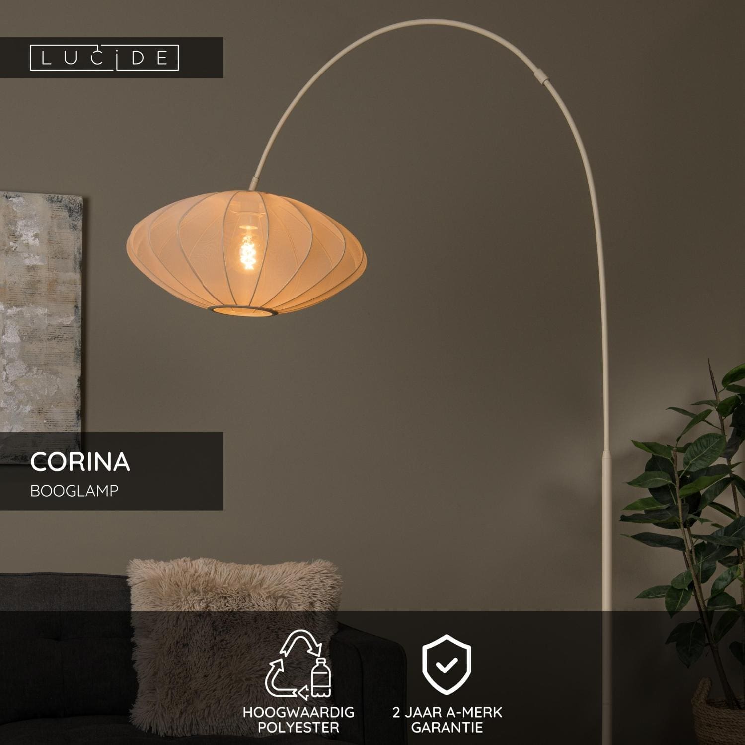 Corina Booglamp - Beige Lucide Vloerlamp 03747/60/38
