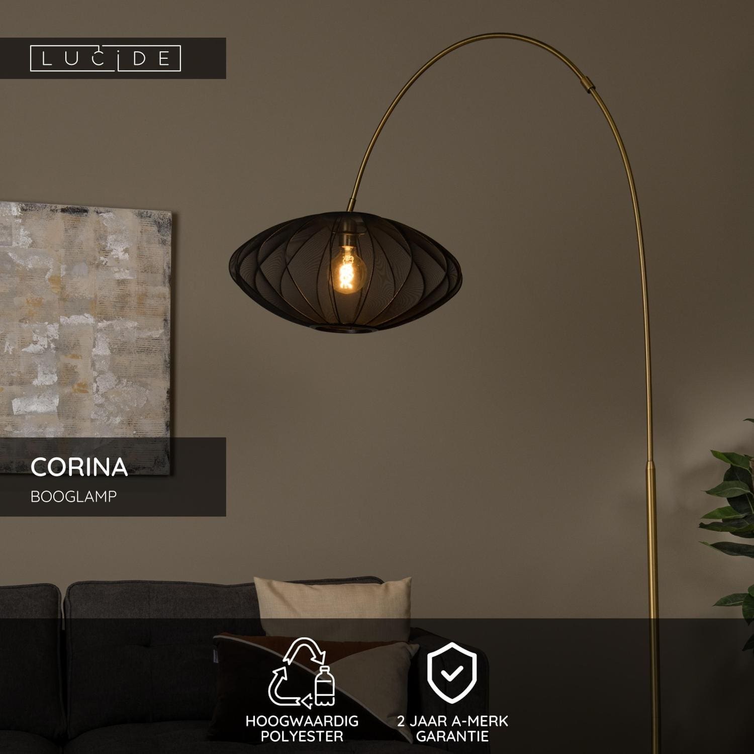 Corina Booglamp - Zwart Lucide Vloerlamp 03747/60/30