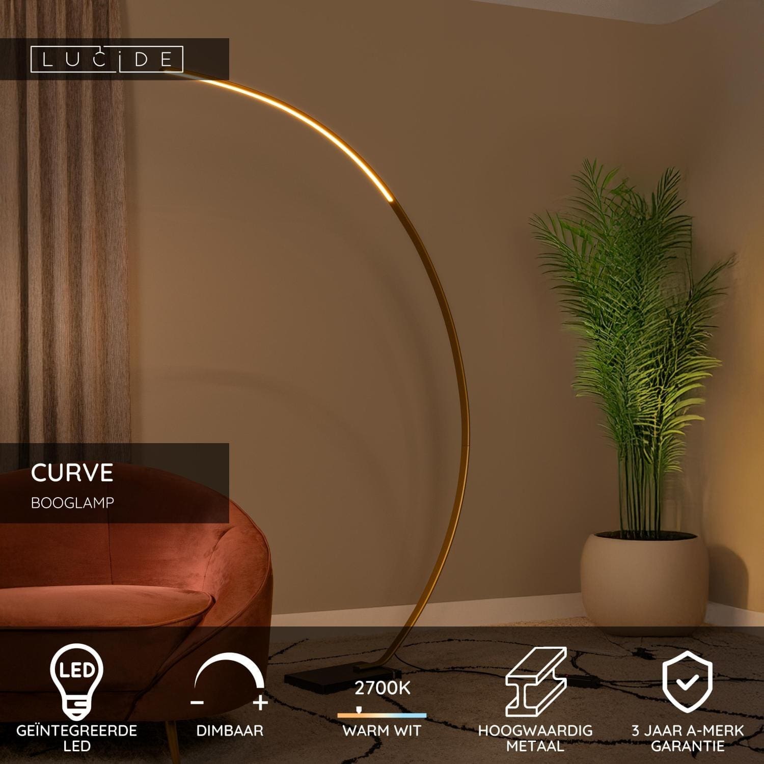 Curve Booglamp Led Dimb. - Mat Goud / Messing Lucide Vloerlamp 44700/11/02