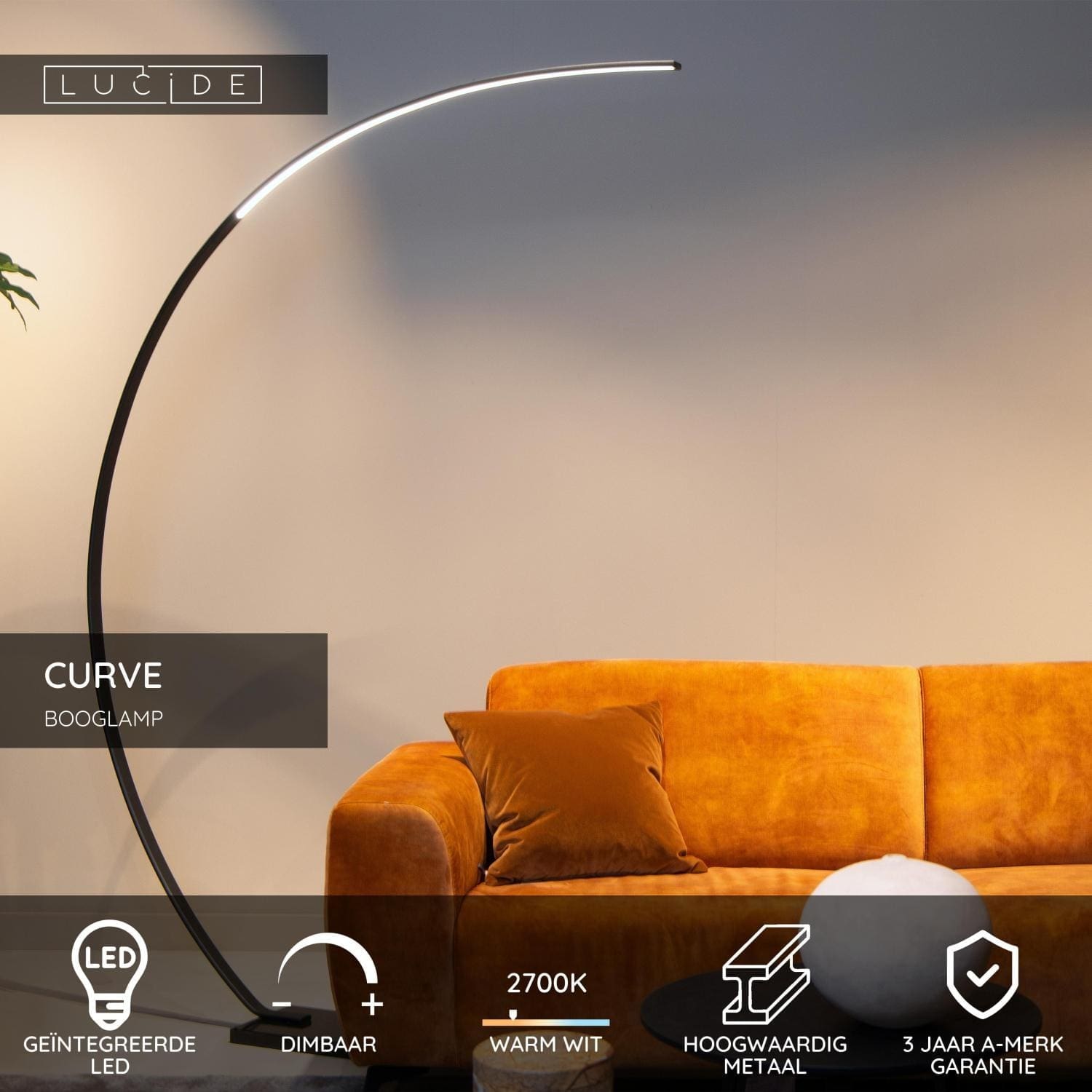 Curve Booglamp Led Dimb. - Zwart Lucide Vloerlamp 44700/11/30