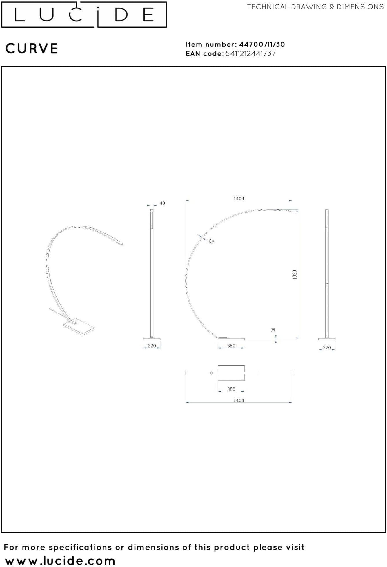Curve Booglamp Led Dimb. - Zwart Lucide Vloerlamp 44700/11/30