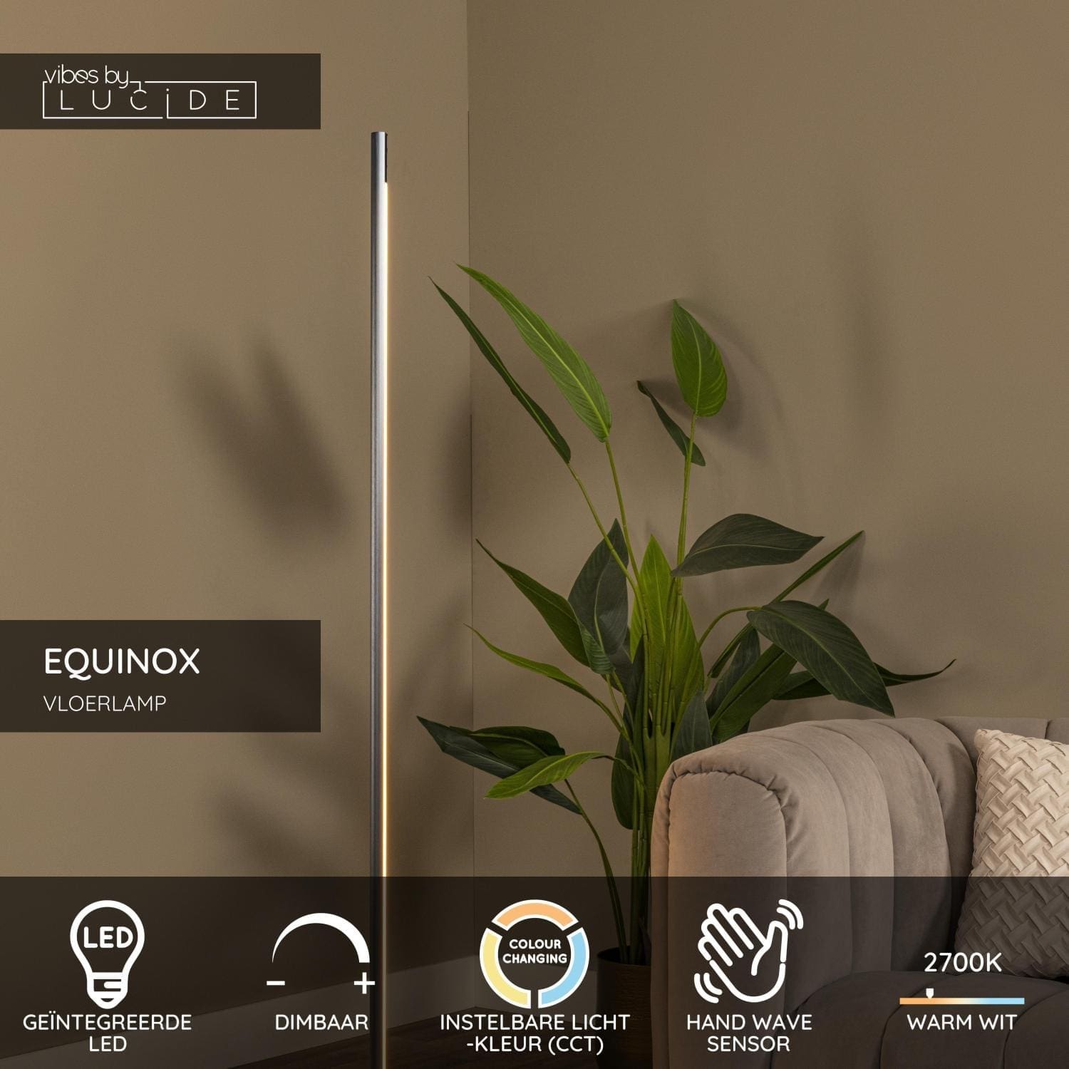 Equinox Vloerlamp Led Dimb. Cct 1x26w 2700k/4000k - Grijs Ijzer | Vibes Lucide Vloerlamp 29700/26/15