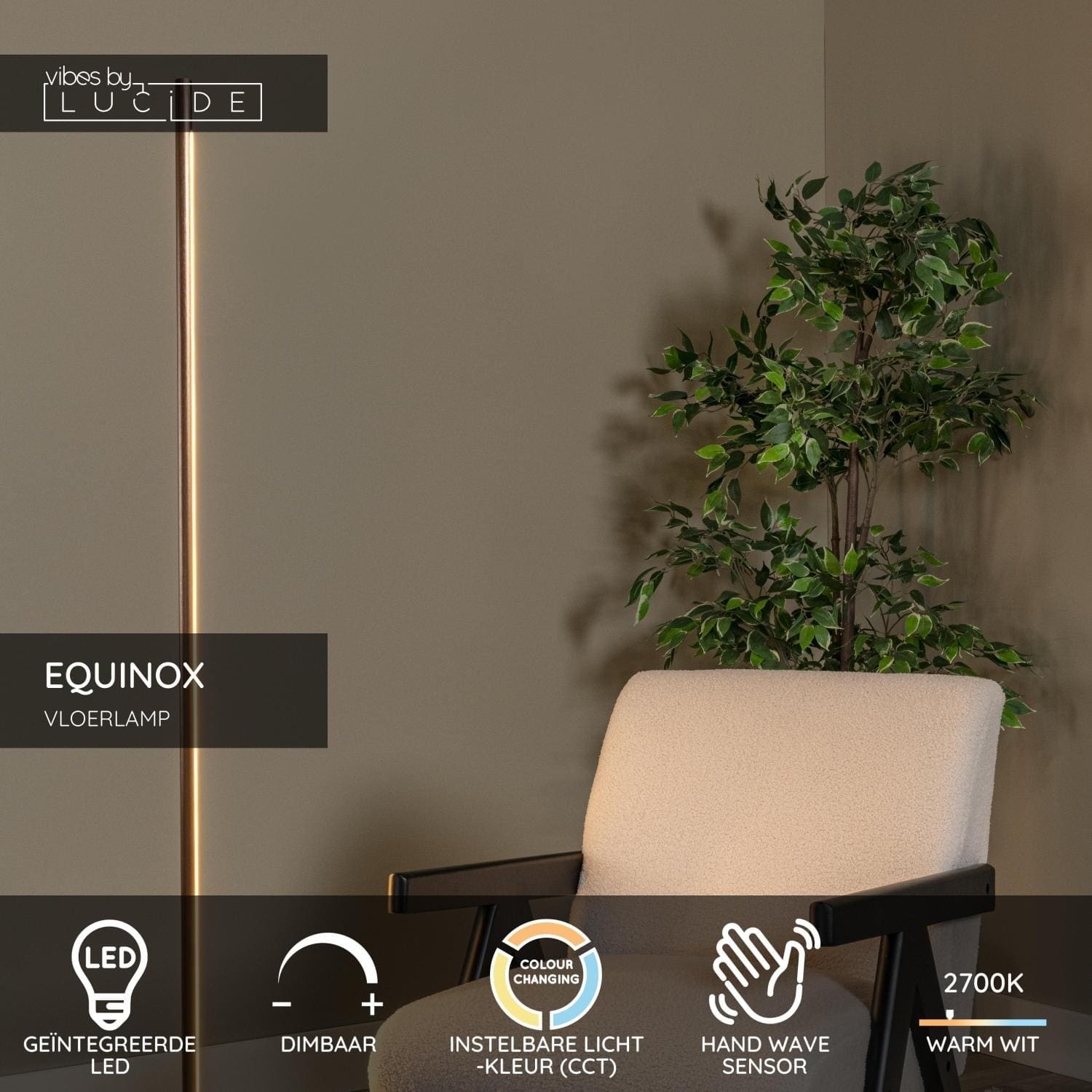 Equinox Vloerlamp Led Dimb. Cct 1x26w 2700k/4000k - Koffie | Vibes Lucide Vloerlamp 29700/26/96