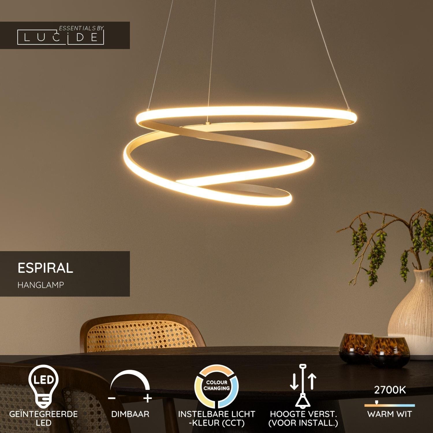 Espiral Hanglamp Led Dimb. Cct - Taupe | Essential Lucide Hanglamp 78403/40/41