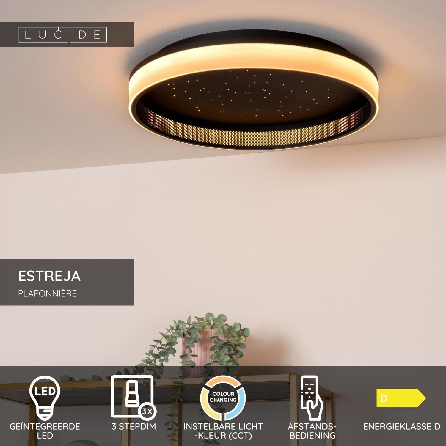 Estreja Plafonnière Ø40 cm Led 3 Stepdim Cct - Zwart Lucide Plafondlamp 71102/40/30