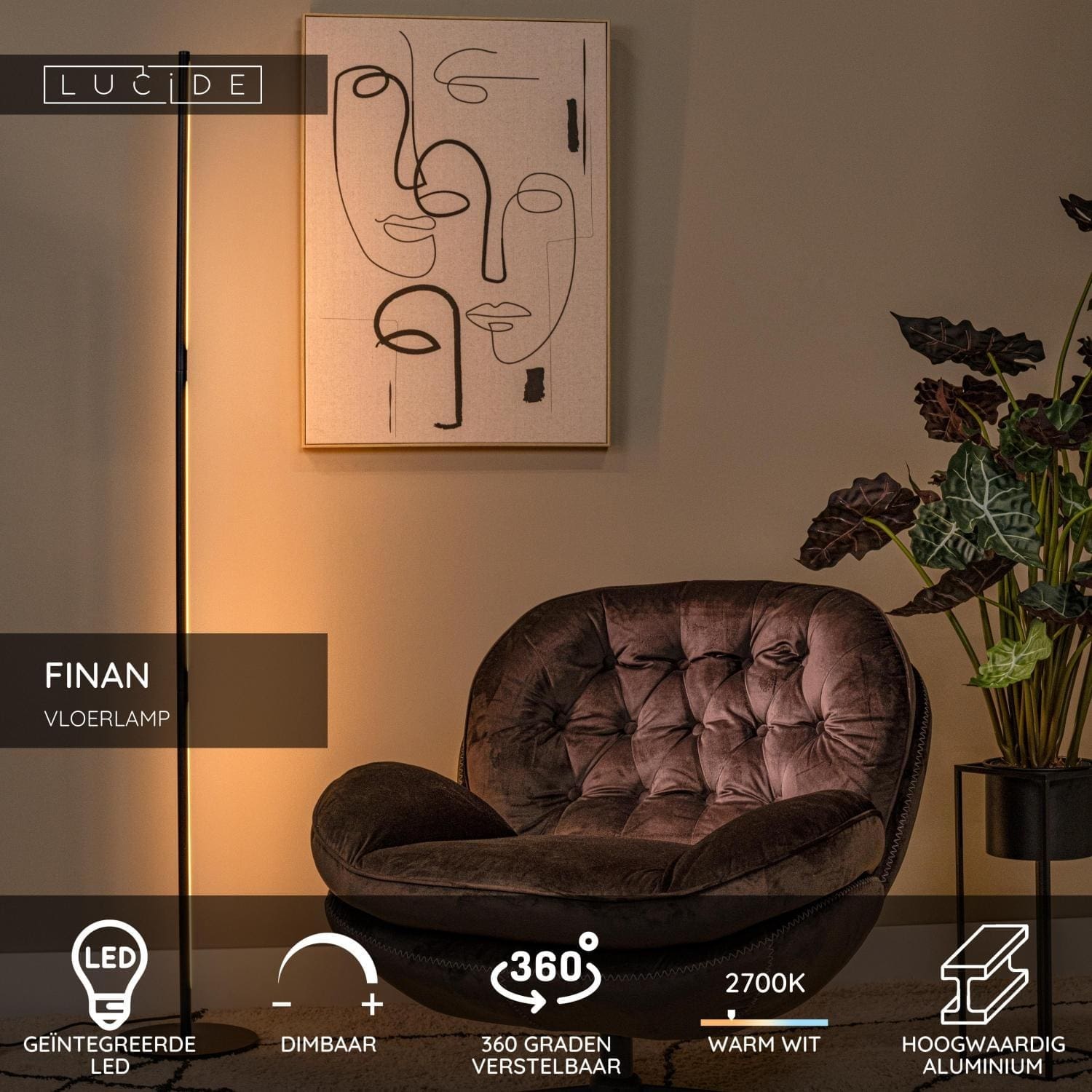 Finan Vloerlamp Led Dimb. - Zwart Lucide Vloerlamp 68710/33/30