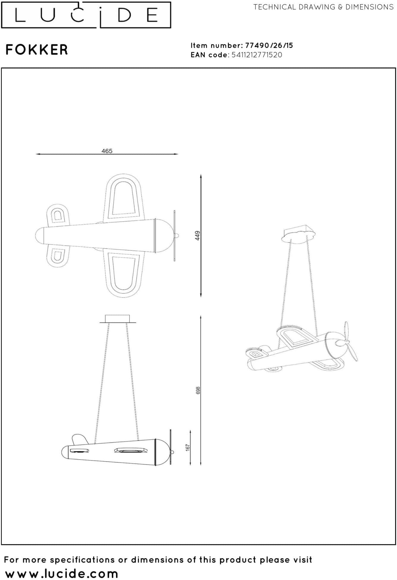 Fokker Hanglamp Kinderkamer Led - Grijs Ijzer Lucide Hanglamp 77490/26/15