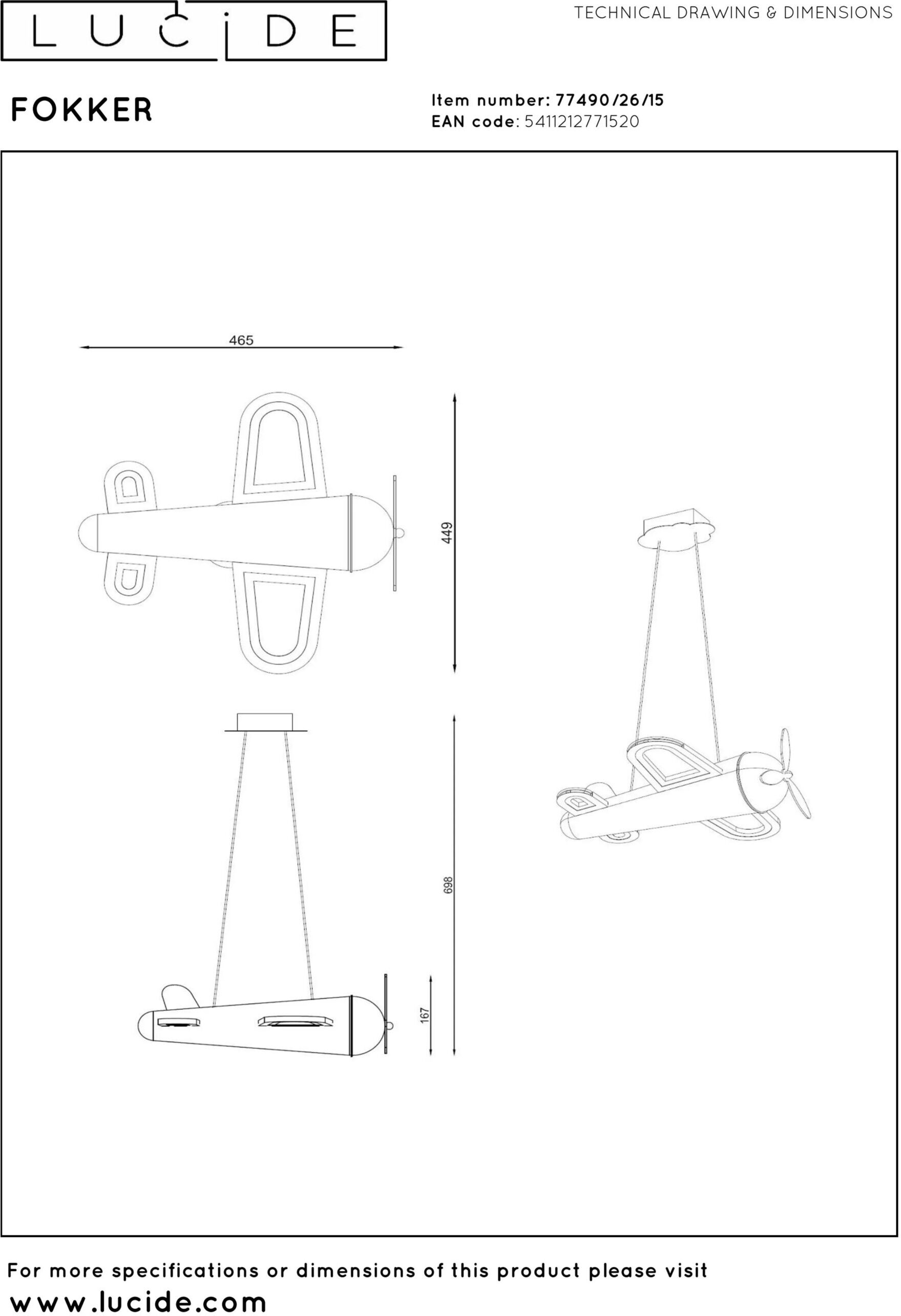 Fokker Hanglamp Kinderkamer Led - Grijs Ijzer Lucide Hanglamp 77490/26/15