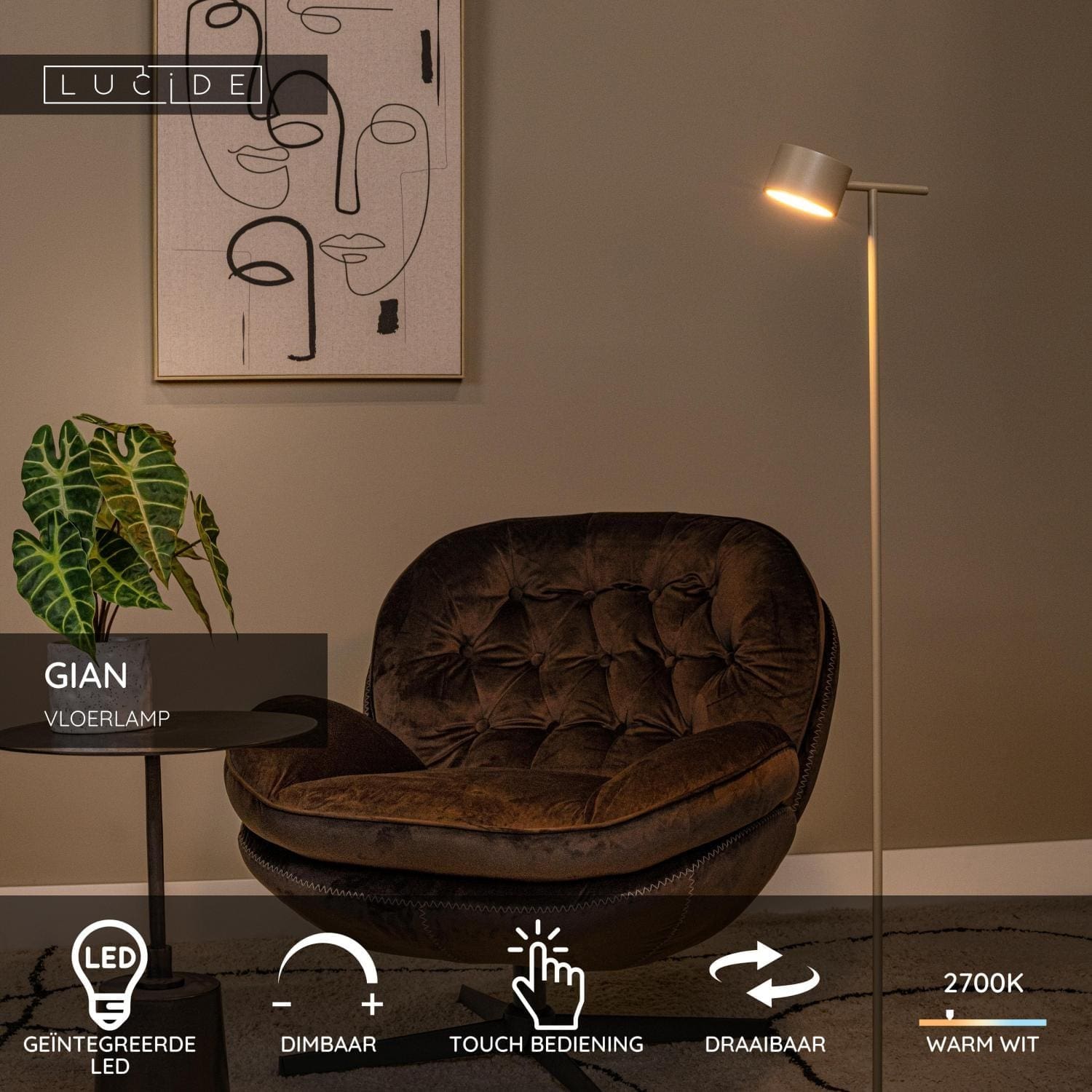Gian Vloerlamp Led Dimb. - Taupe Lucide Vloerlamp 44717/08/41