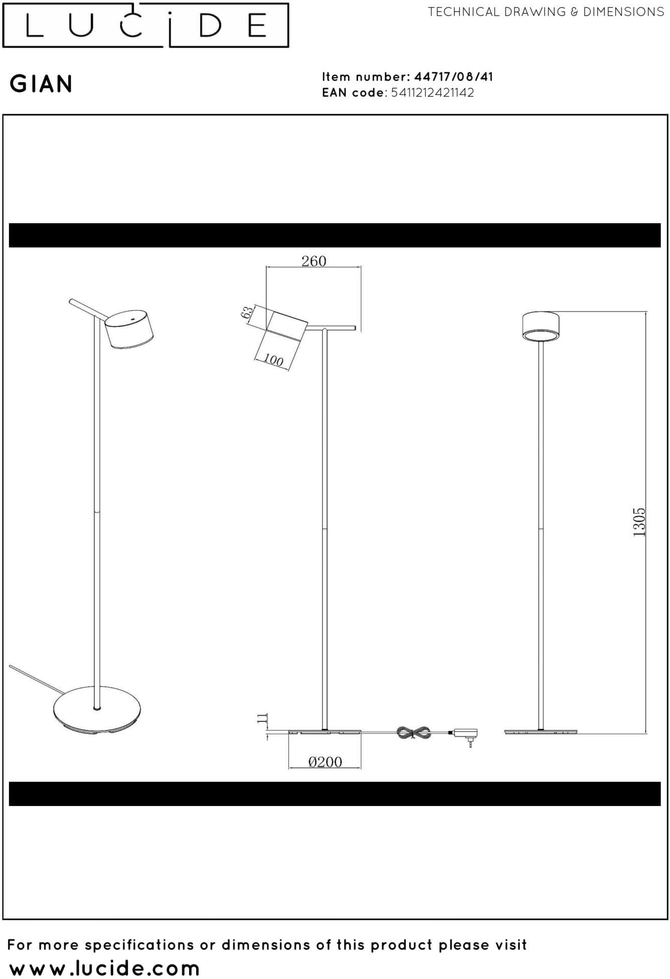 Gian Vloerlamp Led Dimb. - Taupe Lucide Vloerlamp 44717/08/41