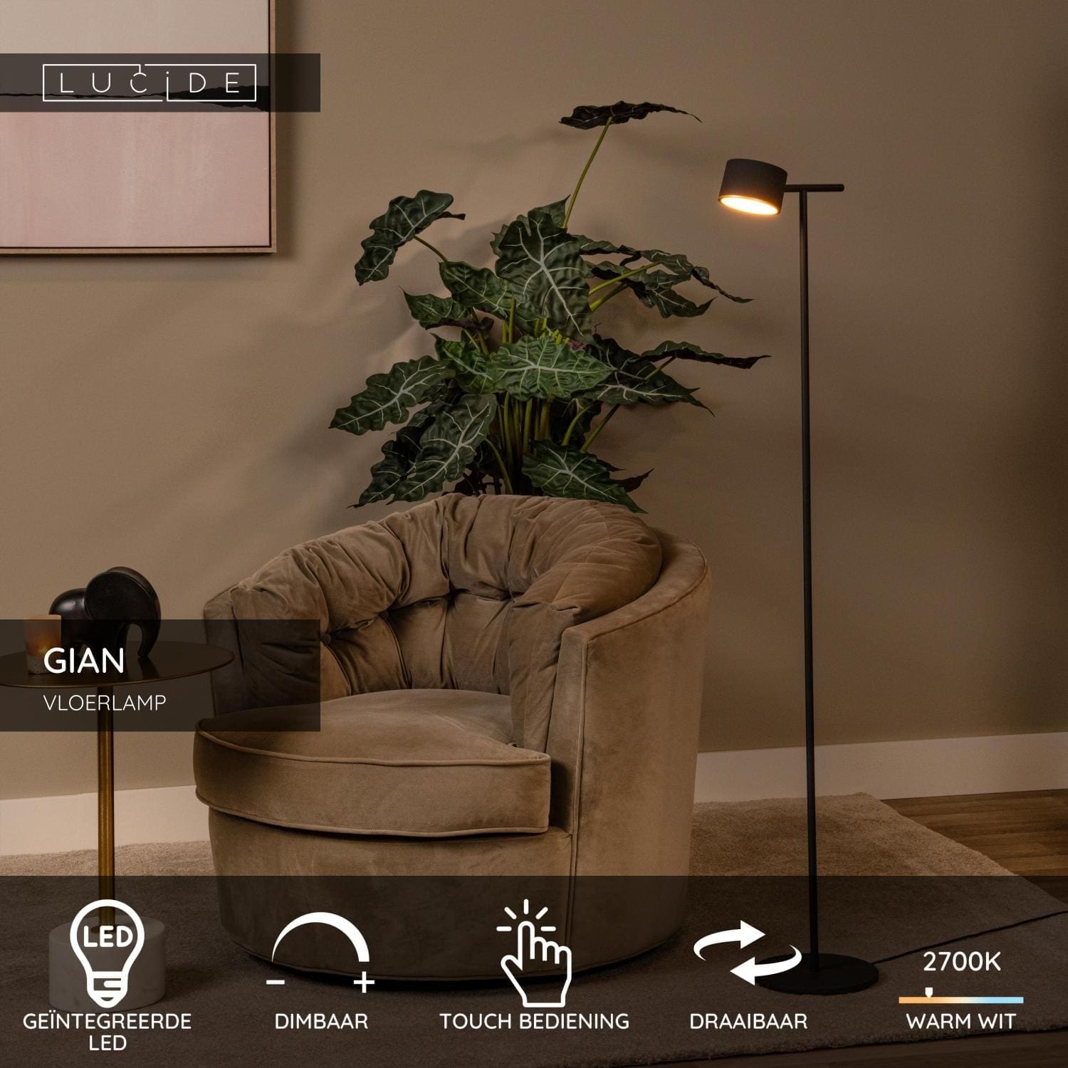 Gian Vloerlamp Led Dimb. - Zwart Lucide Vloerlamp 44717/08/30