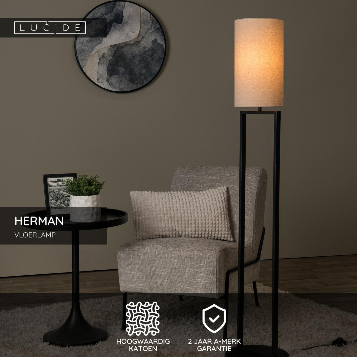 Herman Vloerlamp Ø26 cm - Beige Lucide Vloerlamp 30762/81/38