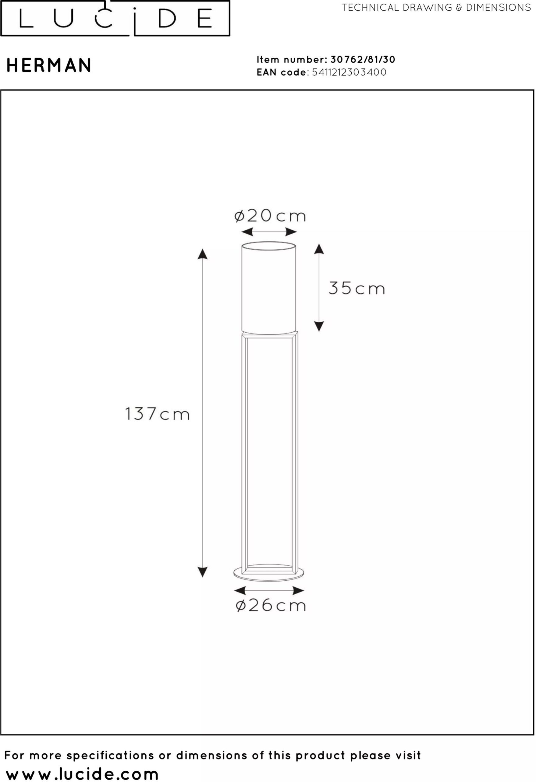 Herman Vloerlamp Ø26 cm - Zwart Lucide Vloerlamp 30762/81/30